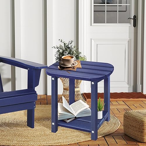 Miniatura 305 de LZRS Mesa auxiliar para exteriores, mesa auxiliar ovalada Adirondack doble con almacenamiento de 2 niveles, mesas auxiliares de HDPE para patio