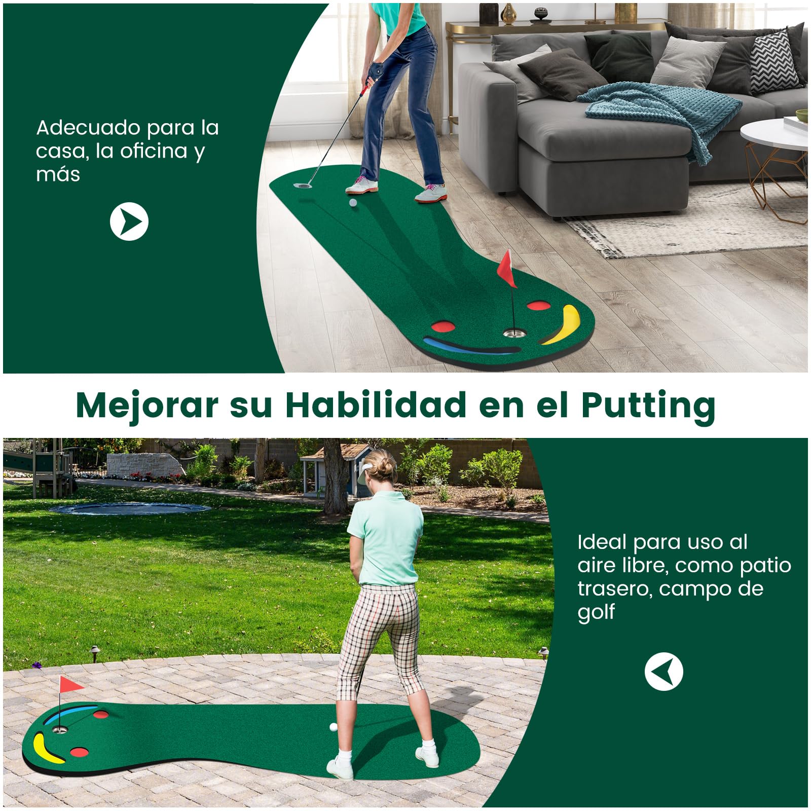 COSTWAY Alfombra de Putting Con 3 Tazas de Putt, Bandera y Cubiertas para Agujeros de Golf, Mat para Hogar y Oficina, 300 X 96 CM