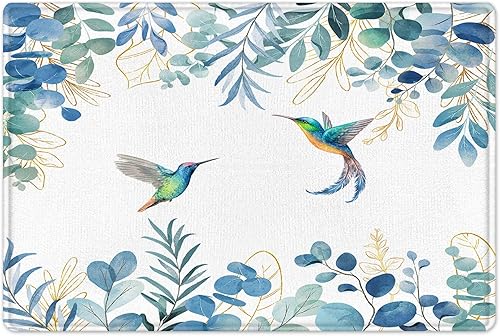 Alfombra de baño de eucalipto de colibrí con hojas azules y doradas tapete de baño floral con hojas blancas y azules diseño de pájaros planta