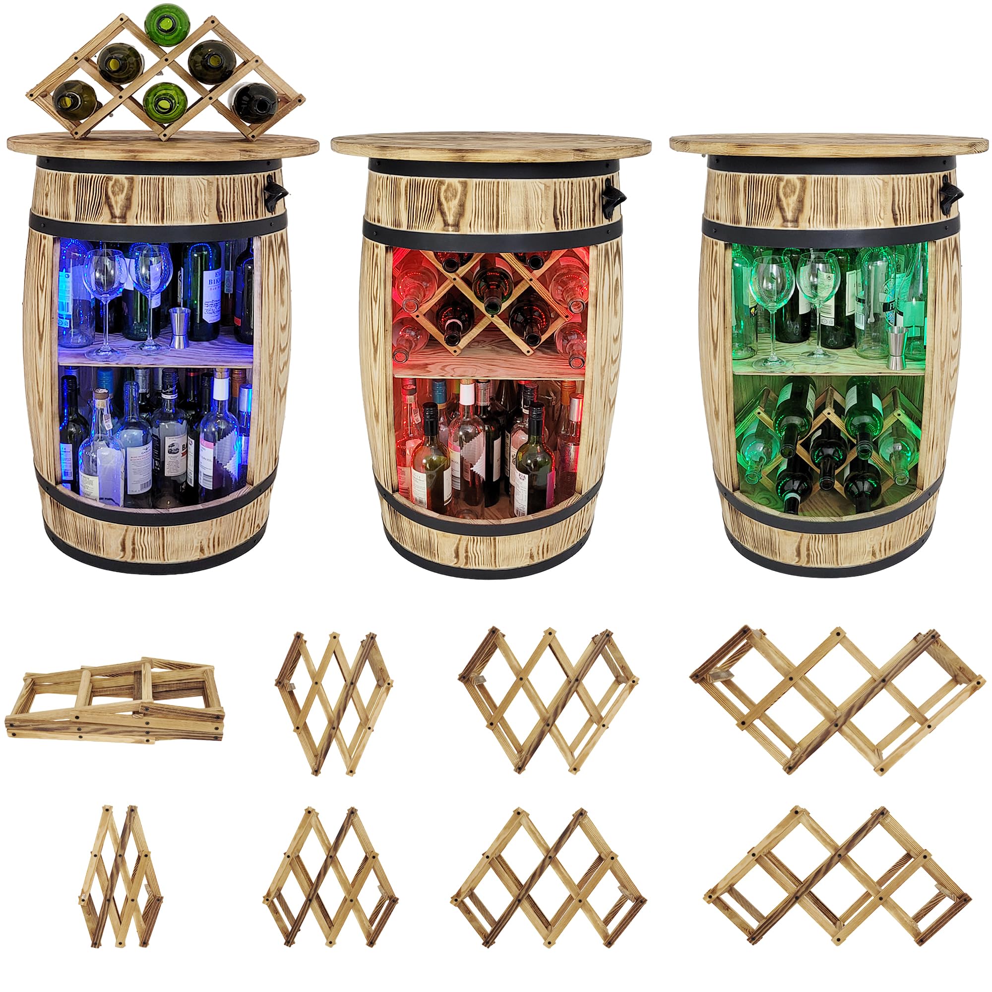 weeco Fass Bar mit Deckel und LED RGB Leuchten und Weinhalter - Flaschenständer deko - Hausbar Tabelle Gin Whisky Bier - Barschrank - Holzfass Tisch - Weinfass Stehtisch 80x50cm