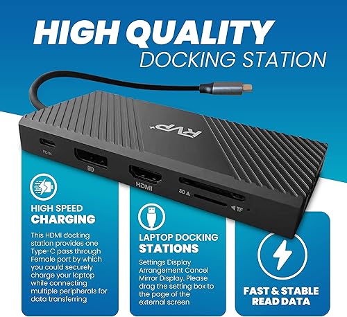Miniatura 6 de RVP+ Estación de acoplamiento 3 monitores, 12 en 1, triple pantalla-4K HDMI Dual Monitores y VGA, transferencia de datos USB-C/A de 5 Gbps, USB 3.0,