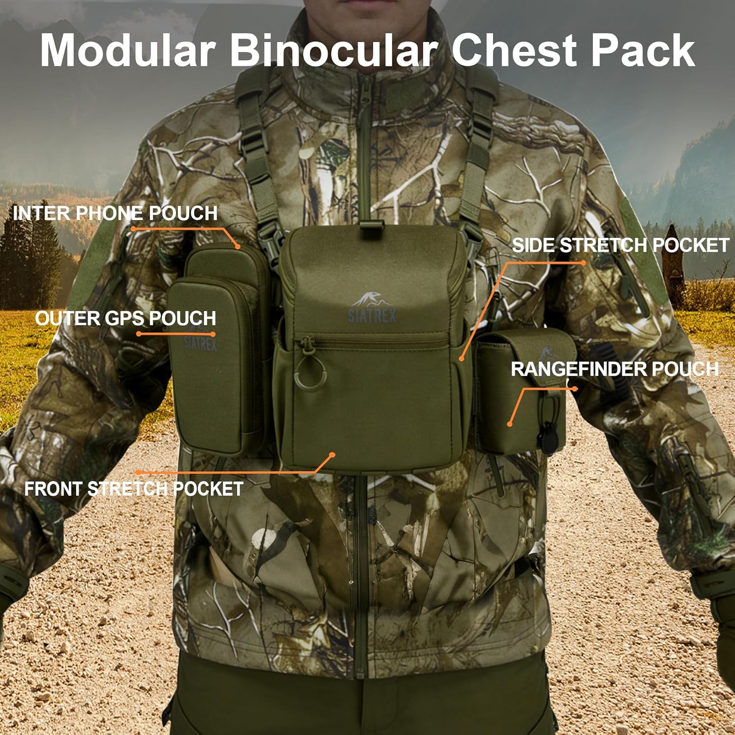 Binocular Harness Chest Pack, 500D DWR Ripstop Hunting Chest Pack, Silent Magnetic Lid, Storage for Rangefinder, Phone & GPS, Birdwatching, Hiking