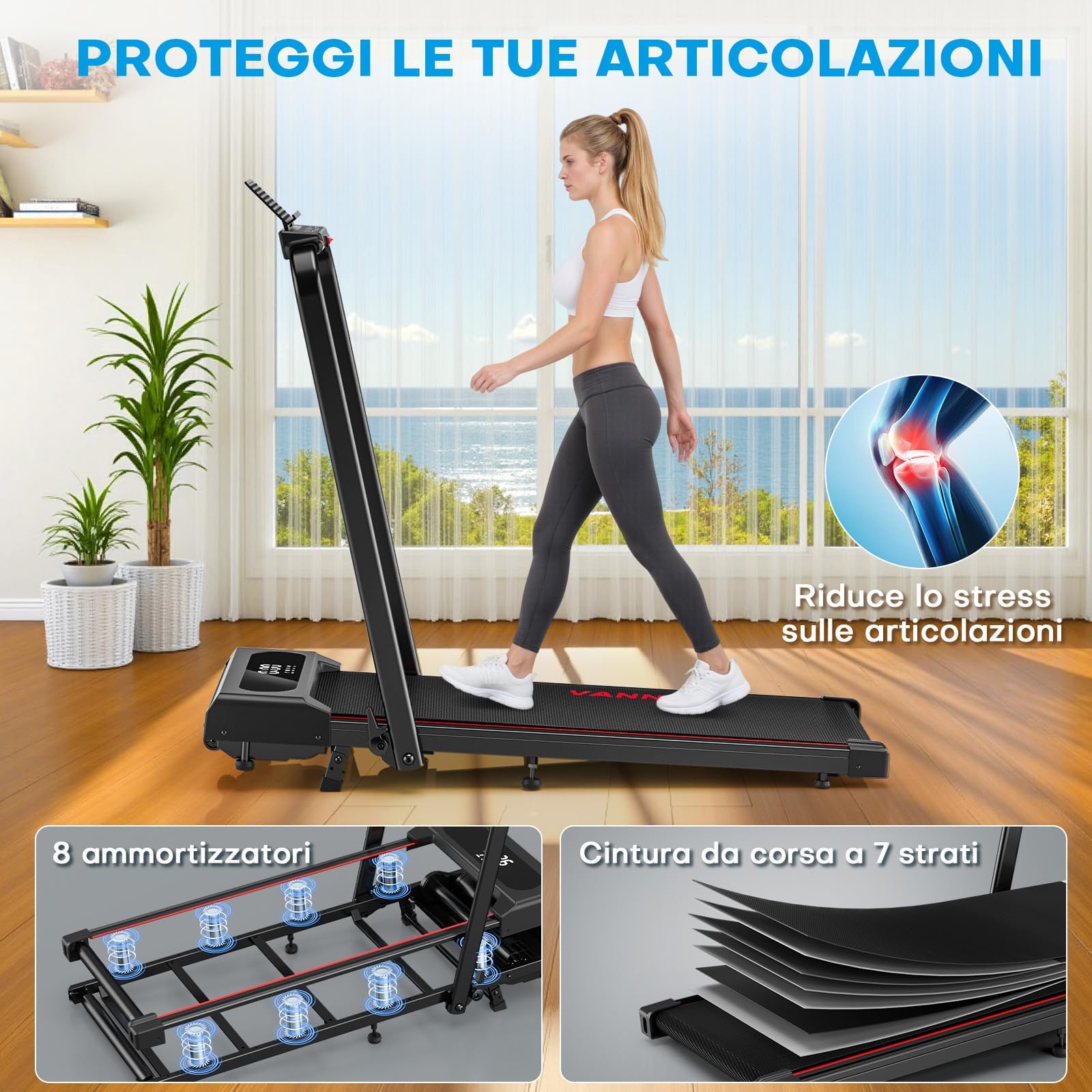 Tapis Roulant Pieghevole, VANNECT 5 IN 1 con Inclinazione, 1-12KM/H Walking Pad Elettrico, Telecomando e Display LED, APP, Portatile per Casa Tapis Roulant Salvaspazio Capacità 150kg