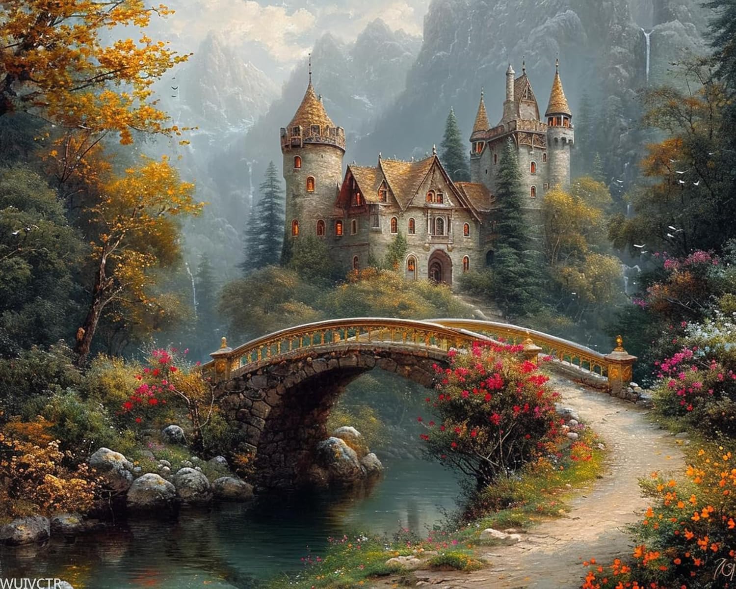 WUIVCTR Paint by Number, Castle with Golden Bridge, Adult Crafts Adults' Paint-by-Number Kits, Room Decor Gift for Birthday Festival (16x20 inch, No Frame)