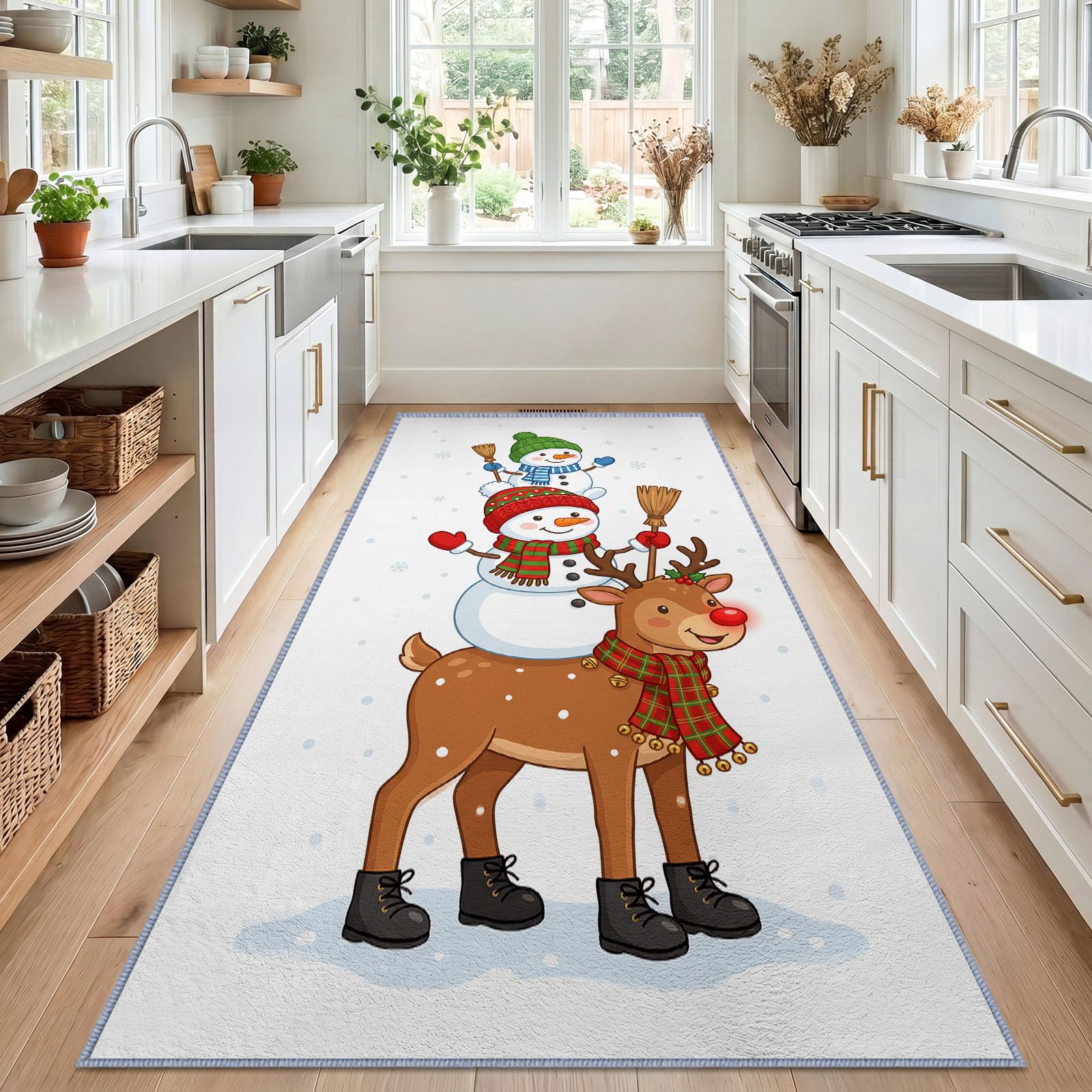 Renne Mignon Dessin Animé Noël Tapis Couloir Lavable en Machine 80x240cm