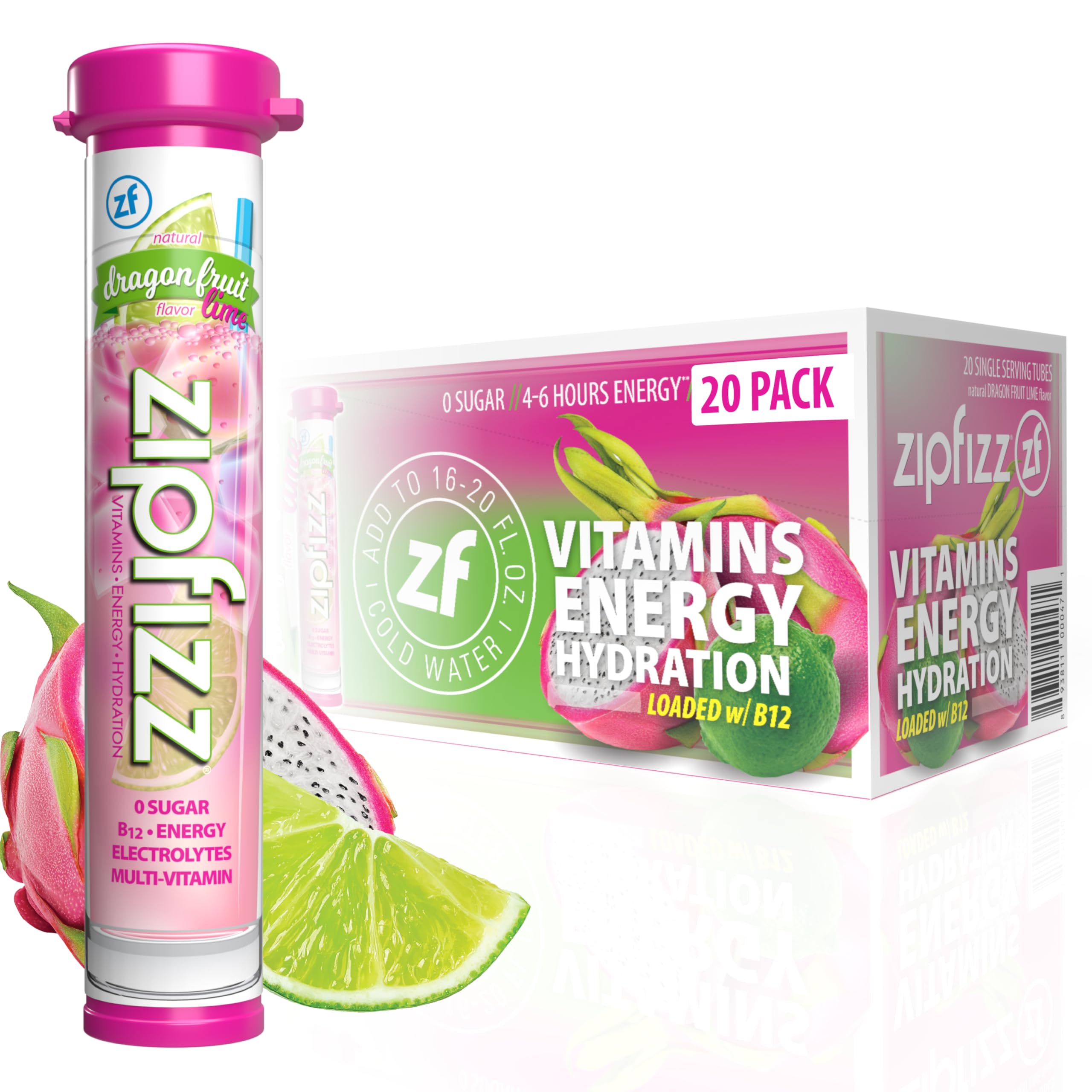 Zipfizz Daily Energy Drink Powder, Dragon Fruit Lime, 20 Pack | 3-in-1 Sustained Energy, Rapid Hydration, and Essential Vitamins | Sugar-Free |