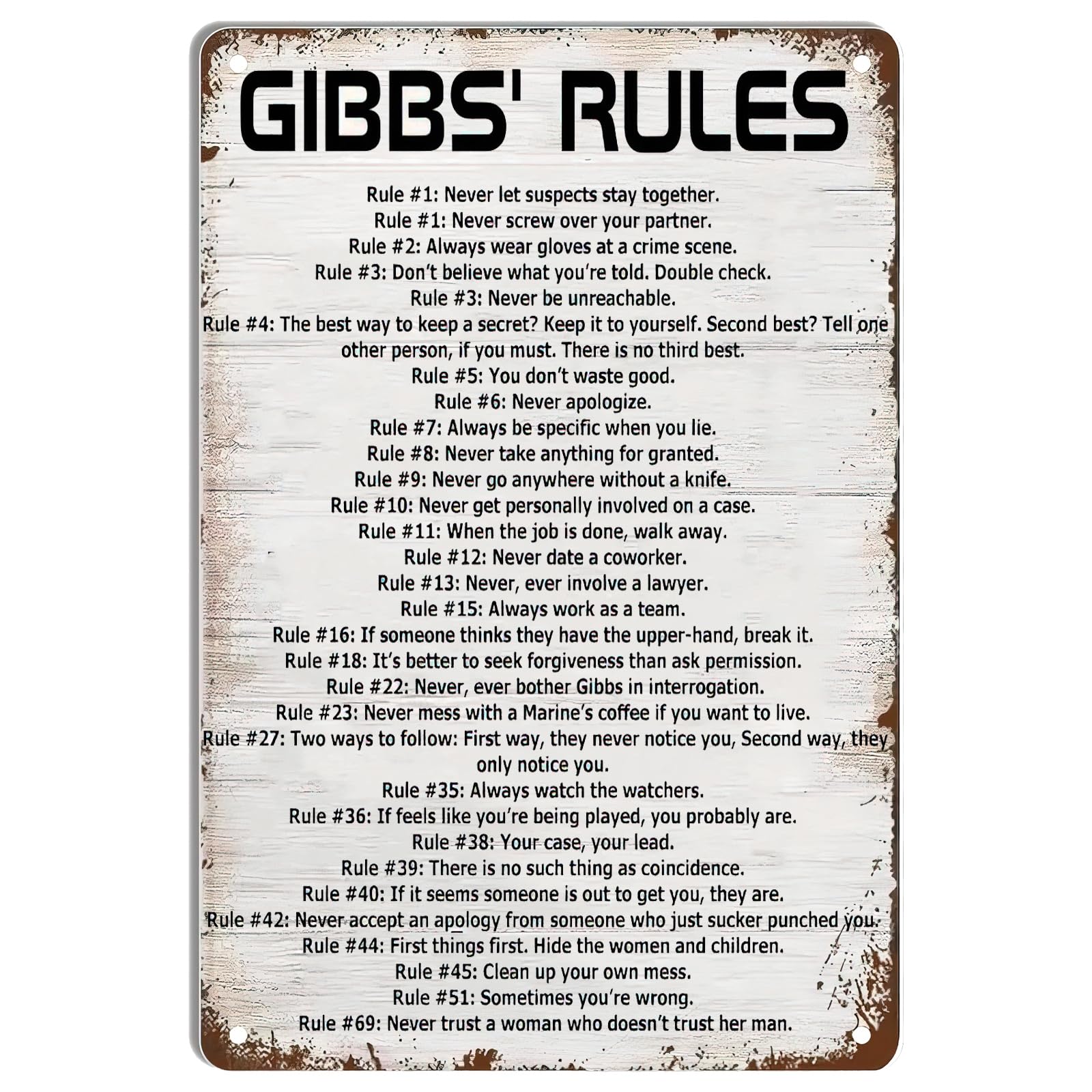 Gibbs Rules Vintage Metal Sign, Motivational Wall Art Posters Inspirational Quote Metal Tin Signs Wall Decor for Home Gate Garden Bars Cafes Office Store Pubs Club Gift 8x12 Inch
