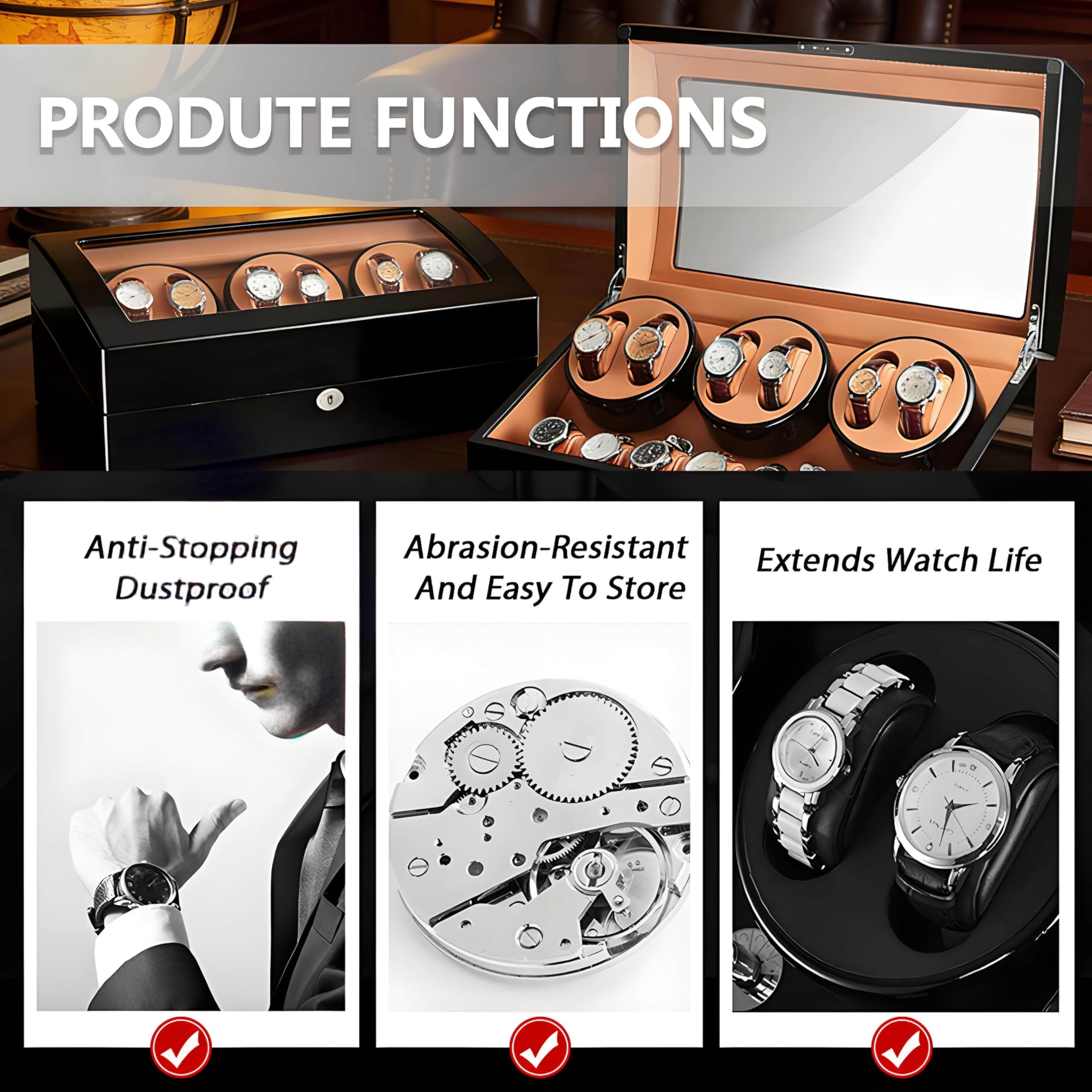Caja Relojes Automáticos Relojero Organizador 13 Relojes Madera de Calidad Esmalte Piano Cuero PU 5 Modos Motor Japonés Importado Silencioso para Relojes Mecánicos B