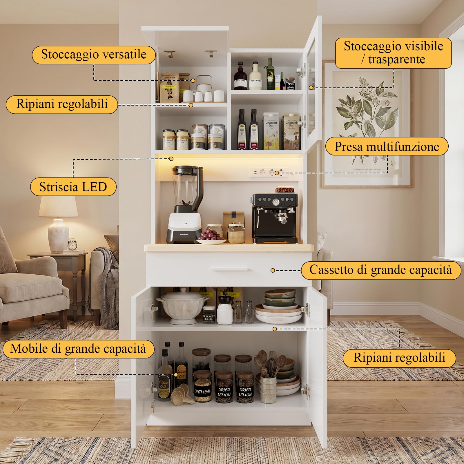 Devoko Mobile da cucina con piano di lavoro e presa elettrica, Credenza buffet LED con chiusura ammortizzata, Dispensa altezza regolabile con pannello posteriore rinforzato (Bianco)