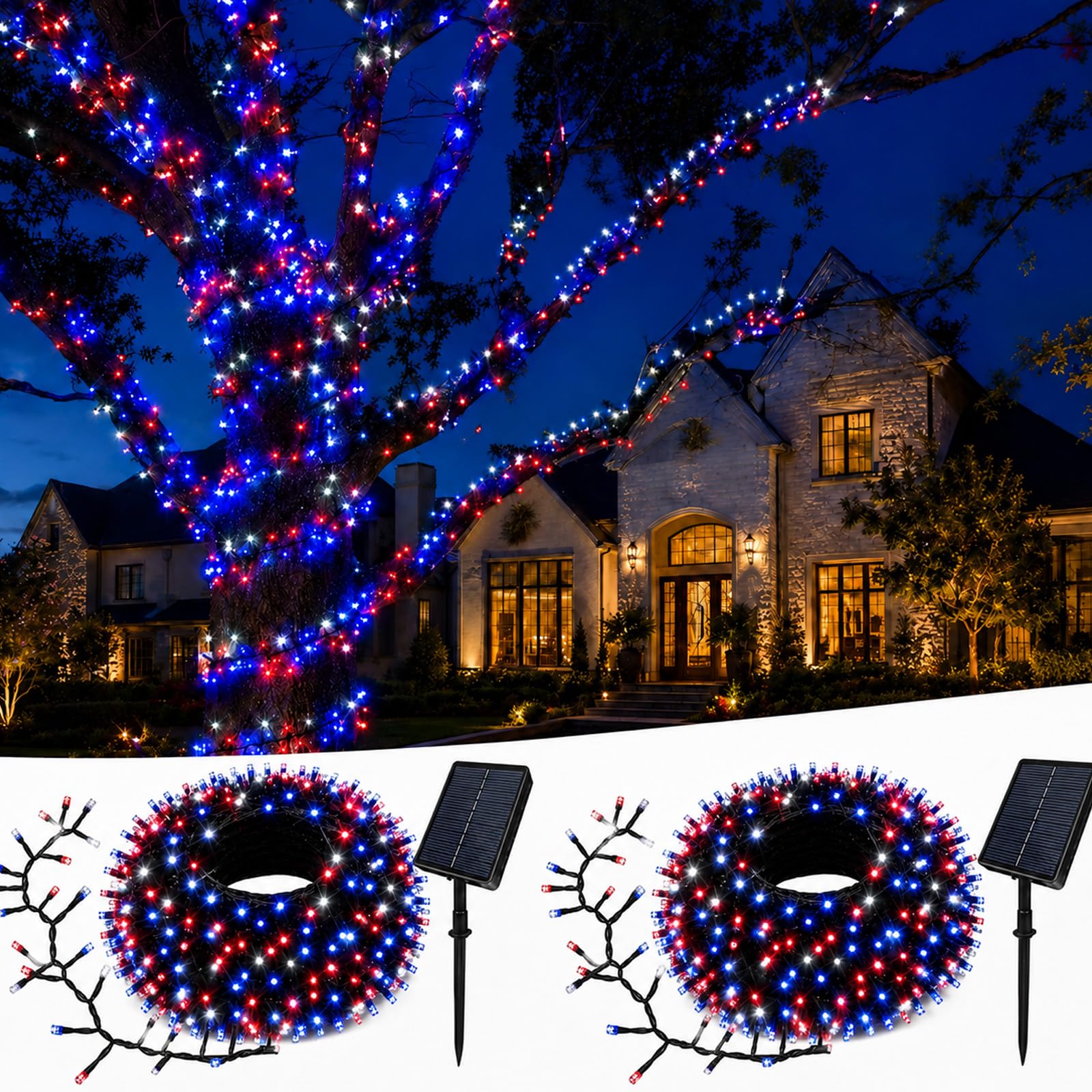 Photo 1 of 2Pack 240LED Red White and Blue Lights Outdoor, Total 45ft 4th of July Solar String Lights with 8 Modes, Patriotic Light Waterproof for Independence Day Memorial Day Home Garden Party Yard Decor