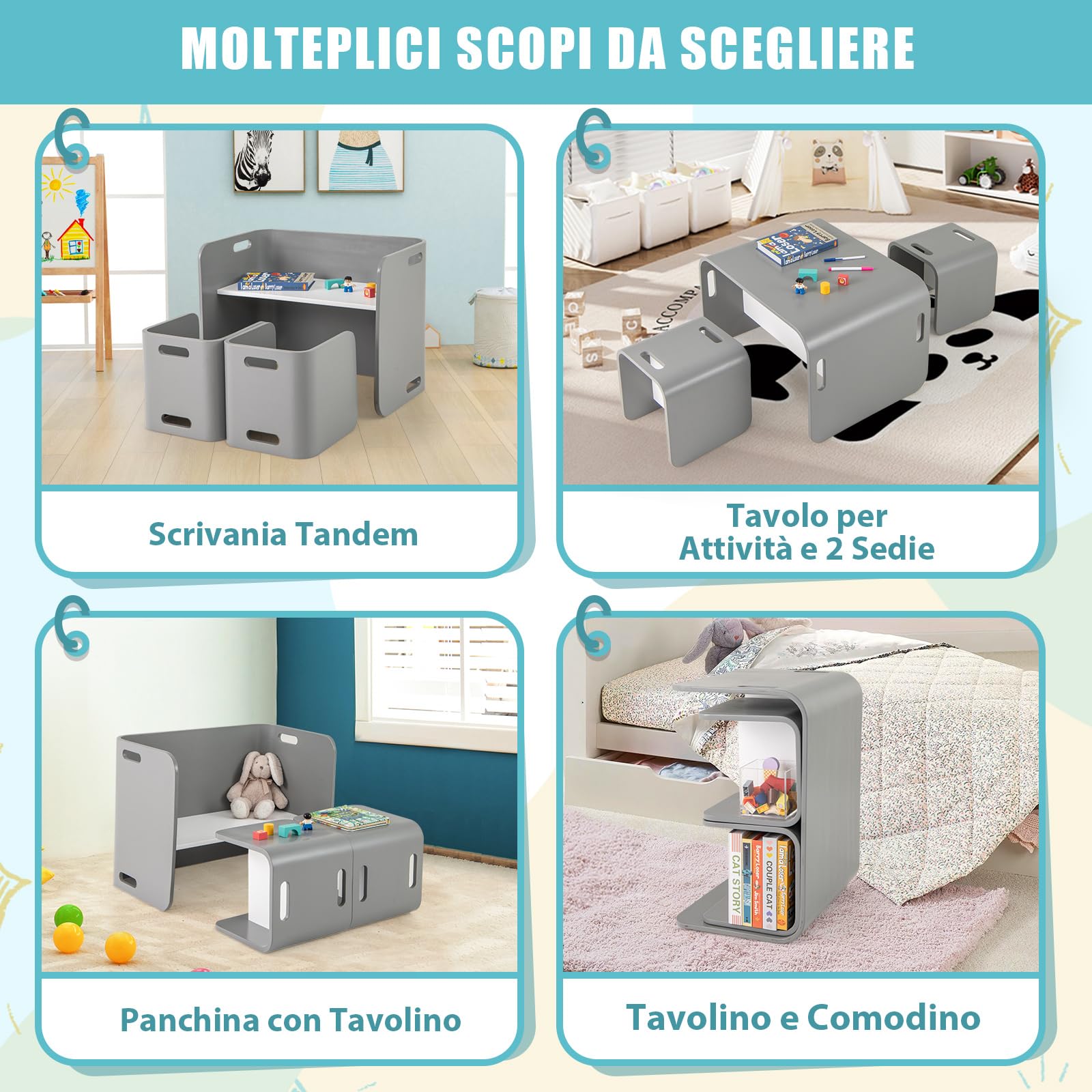 COSTWAY Set Tavolo e 2 Sedie per Bambini 2-9 Anni, Set Multiuso in Legno di Faggio con Maniglie Ergonomiche, Design Salvaspazio, Senza Montaggio, Portata 100 kg (Grigio)