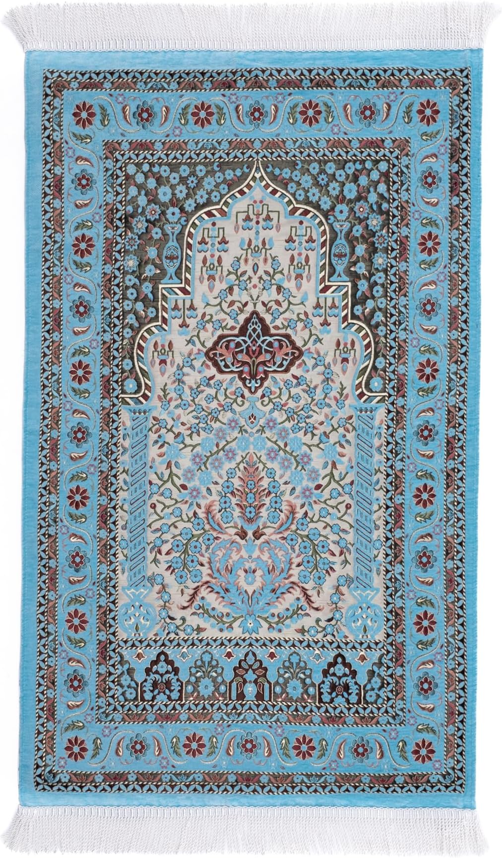 Turkish Traditional Woven Muslim Prayer Rug Comfortable Foldable and Portable Islamic Prayer Mat for Men & Women Soft Cotton and Luxury Liner Ottoman Prayer Rugs Ramadan or Eid Gift Box (Sky Blue)