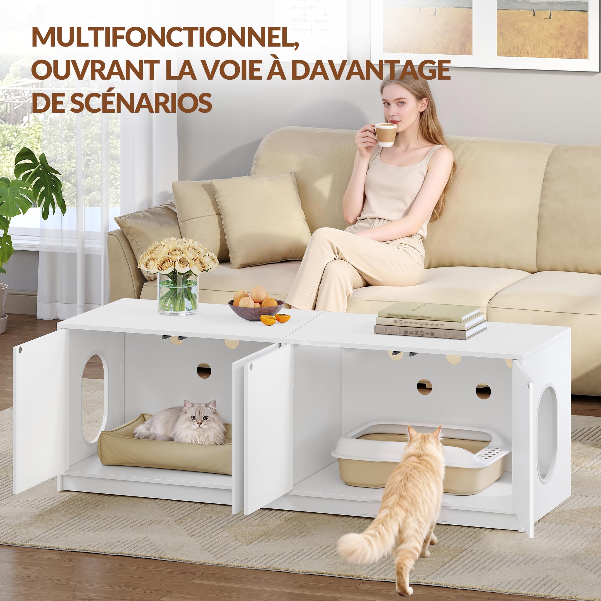 Meuble Litiere pour 2 Chats, 120 x 50 x 51,5 cm, Blanc