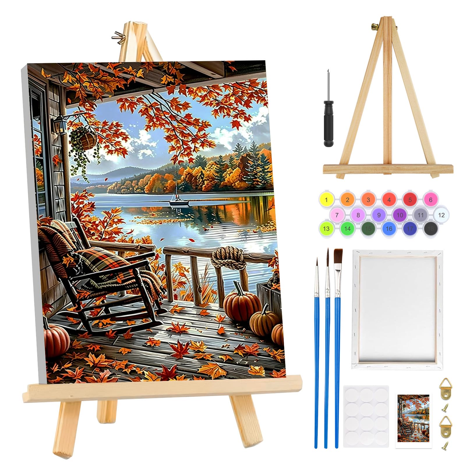 MOGTAA Autumn Paint by Numbers for Adults Beginners with Frame, Fall Painting by Numbers for Adults with Easel, Easy DIY Landscape Oil Painting Kits Art Crafts for Home Decor, 8x12in