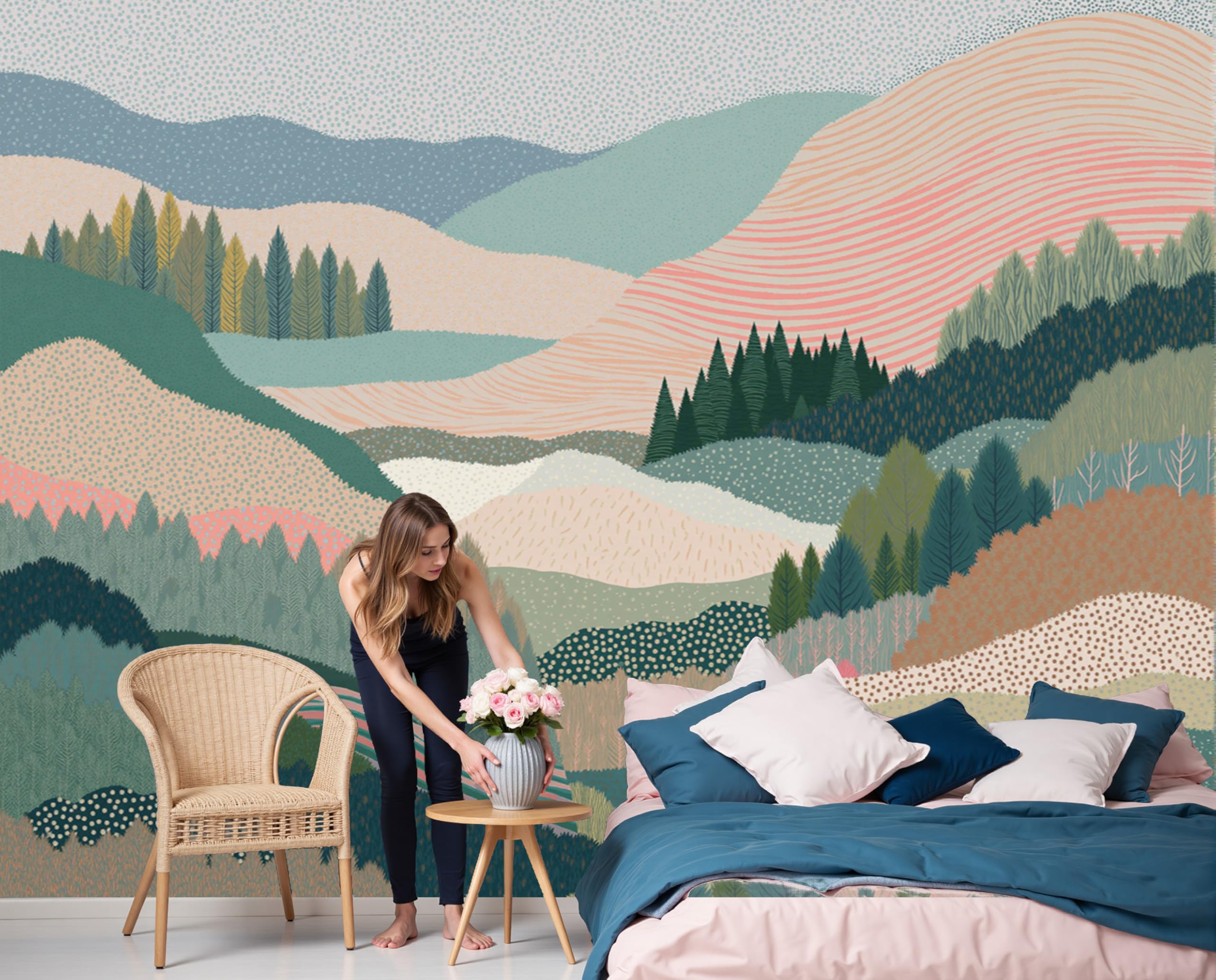 Papier peint panoramique intissé effet 3D trompe l'oeil paysage forestier collines