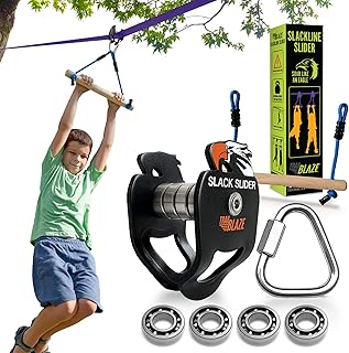 TRAILBLAZE Zipline Pulley Kit for Slacklines - Zip Line Kit for Outdoor Backyard Kids - Childrens Slackline Zipline Kit Premium Zip Line Accessories with Wooden Monkey Bar - 300lb Capacity