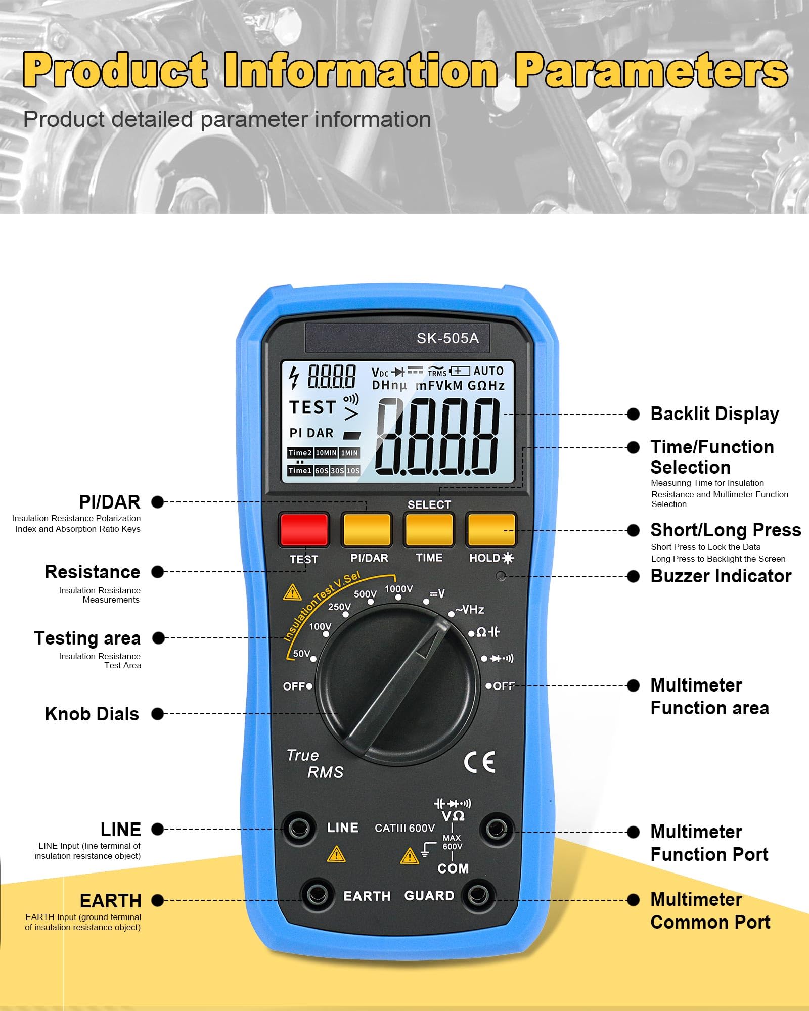 2 in 1 Megohmmeter & Multimeter Digital, Isolationswiderstandsmessgerät, 20GΩ/1000V Auto-Range, Data Hold, AC/DC Spannungsprüfer, Kapazitätsmessung für elektrische Hausprüfungen SK-505A GOLDCHAMP
