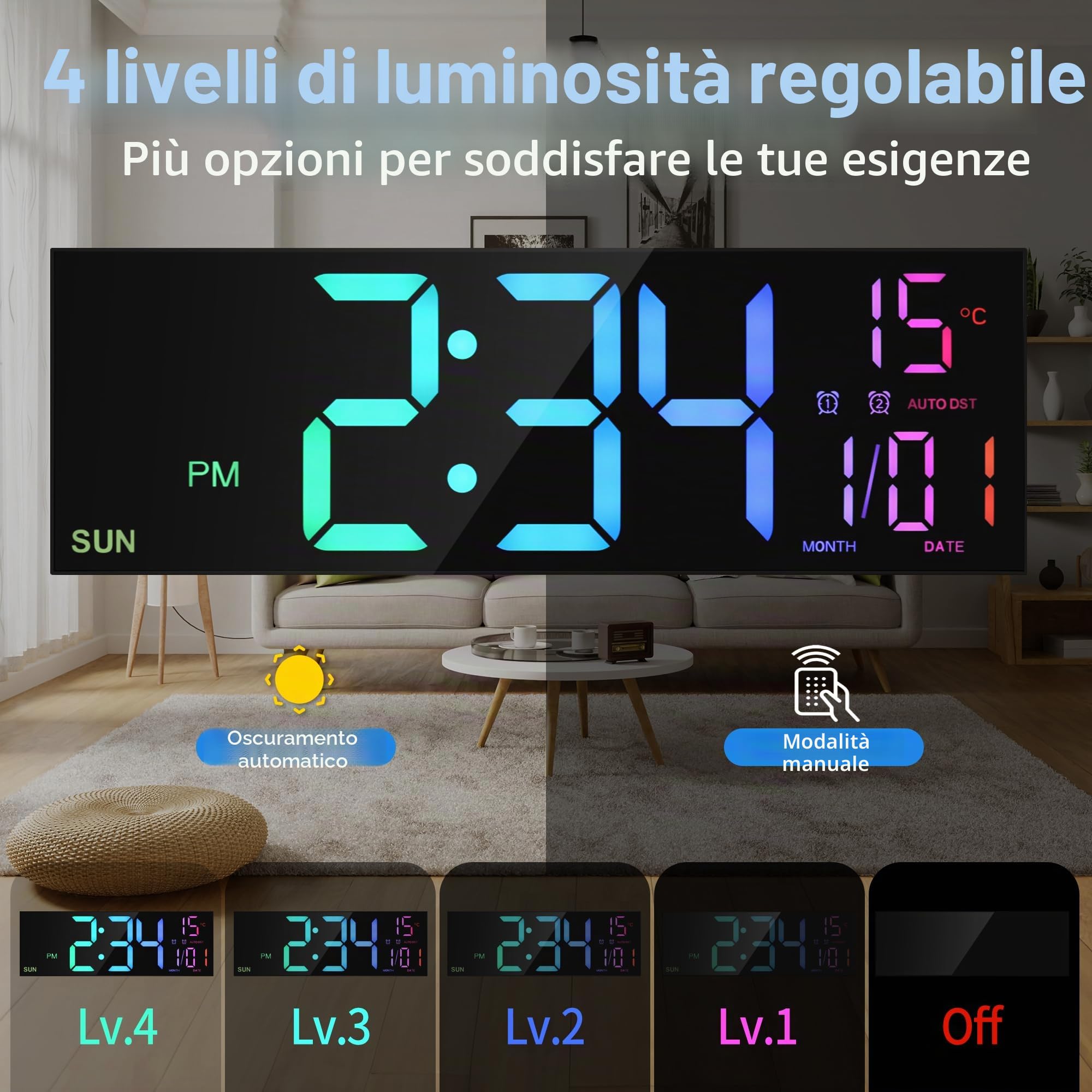 HAITANG Orologio da parete digitale grande 16'' per soggiorno, telecomando, doppio allarme, 8 colori RGB, grande display a LED, luminosità automatica, data, ora estiva automatica, temperatura