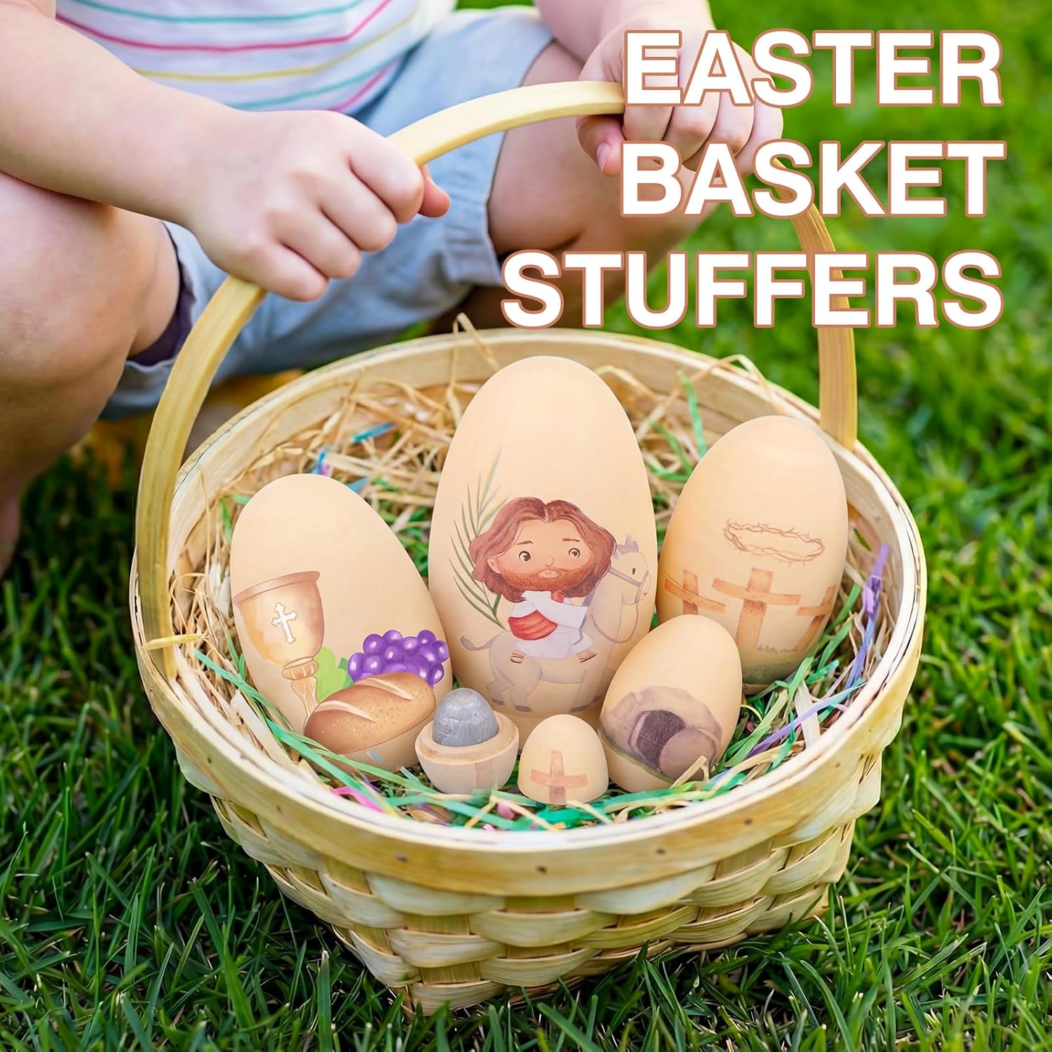Lunmon 6 Pcs Resurrection Easter Story Eggs with 12 Illustrated Religious Easter Story Cards Holy Week Cards Matryoshka Christian Nesting Eggs for Scripture Learning Activity Sunday School Supplies