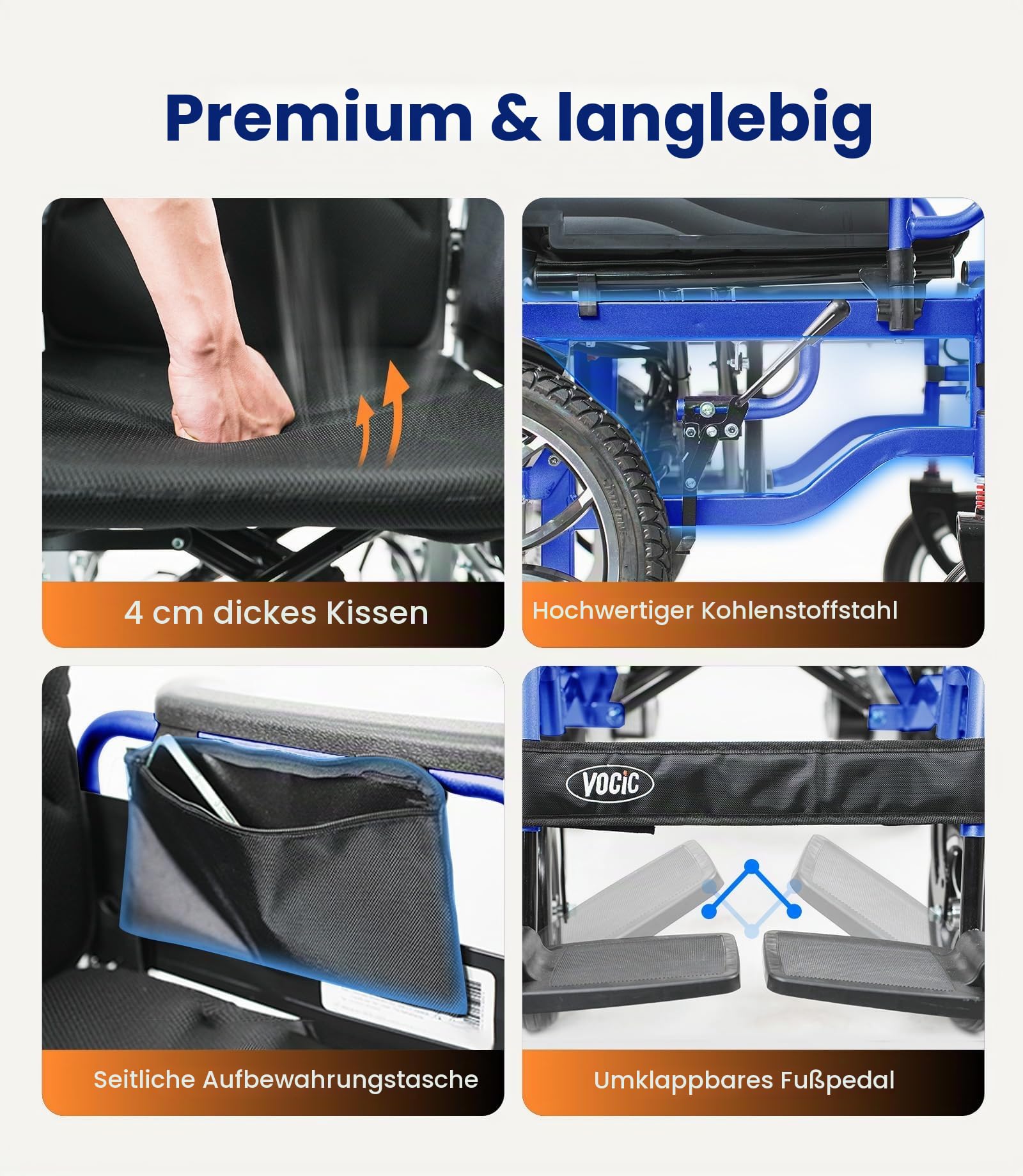VOCIC V56 Elektrorollstuhl für Senioren Faltbar Leicht,30KM | Tragbarer Rollstuhl Elektrisch bis 150KG,Elektrischer Rollstühle mit 40CM Gummi Luftbereifung für all Gelände,(himmelblau)