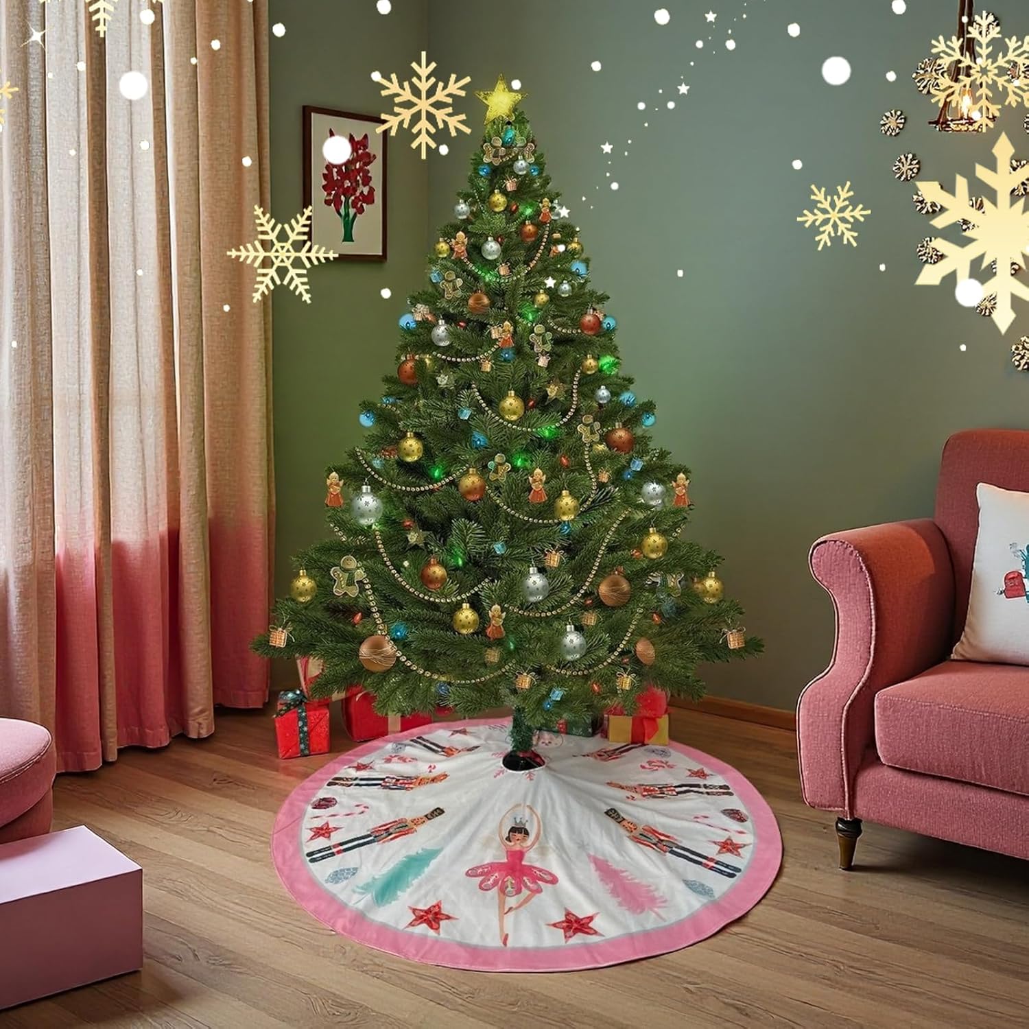 Christmas Tree Skirt 36 Inch, Pink Nutcracker Ballet and Candy-Themed Xmas Tree Mat for Medium Large Size Trees, Holiday Decor for Home, Office, Indoor Display