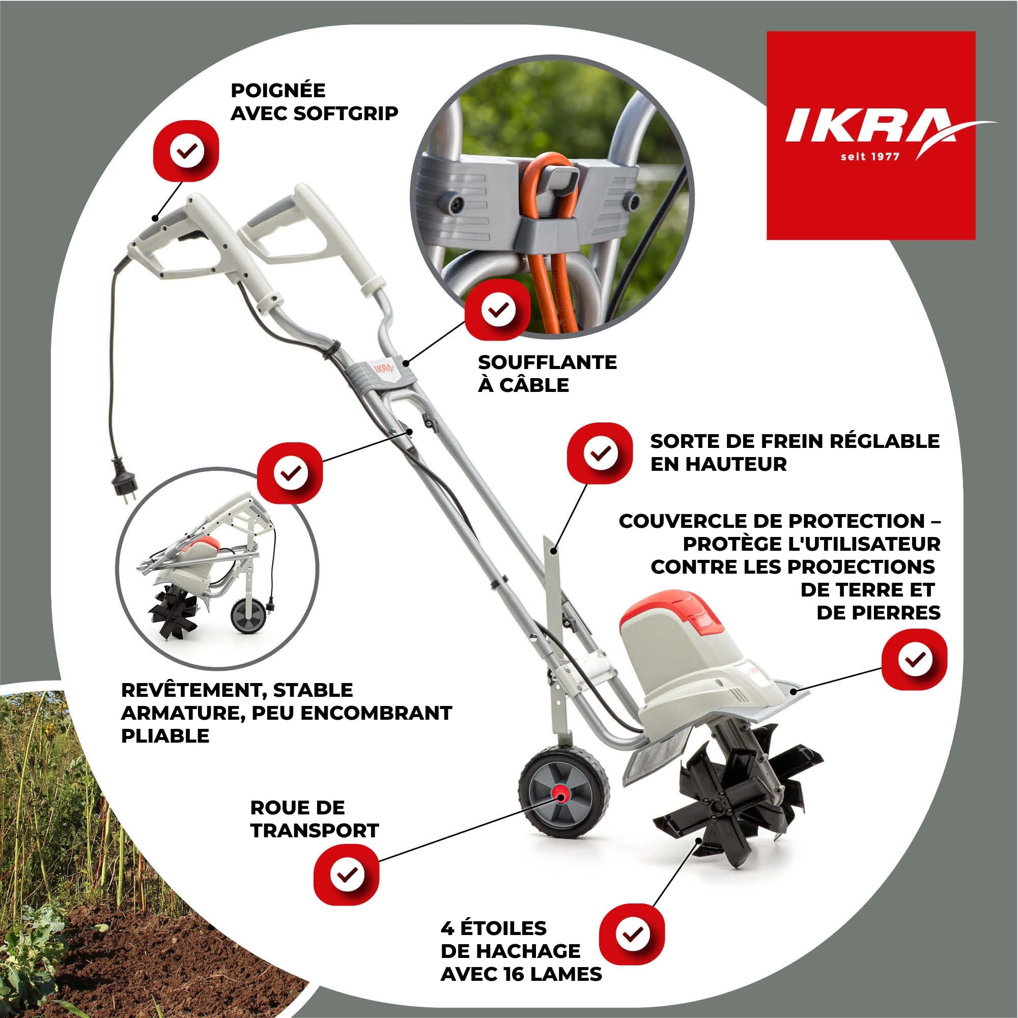 IKRA cultivateur électrique IEM 800S, largeur 30 cm, profondeur 20 cm | 800 W, talon de freinage, roue de transport, pliable pour un encombrement réduit, protection contre les surcharges