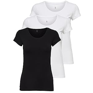 ONLY 3er Pack Damen T-Shirt schwarz oder weiß Kurzarm lang Basic Sommer T-Shirts XS S M L XL 15209153