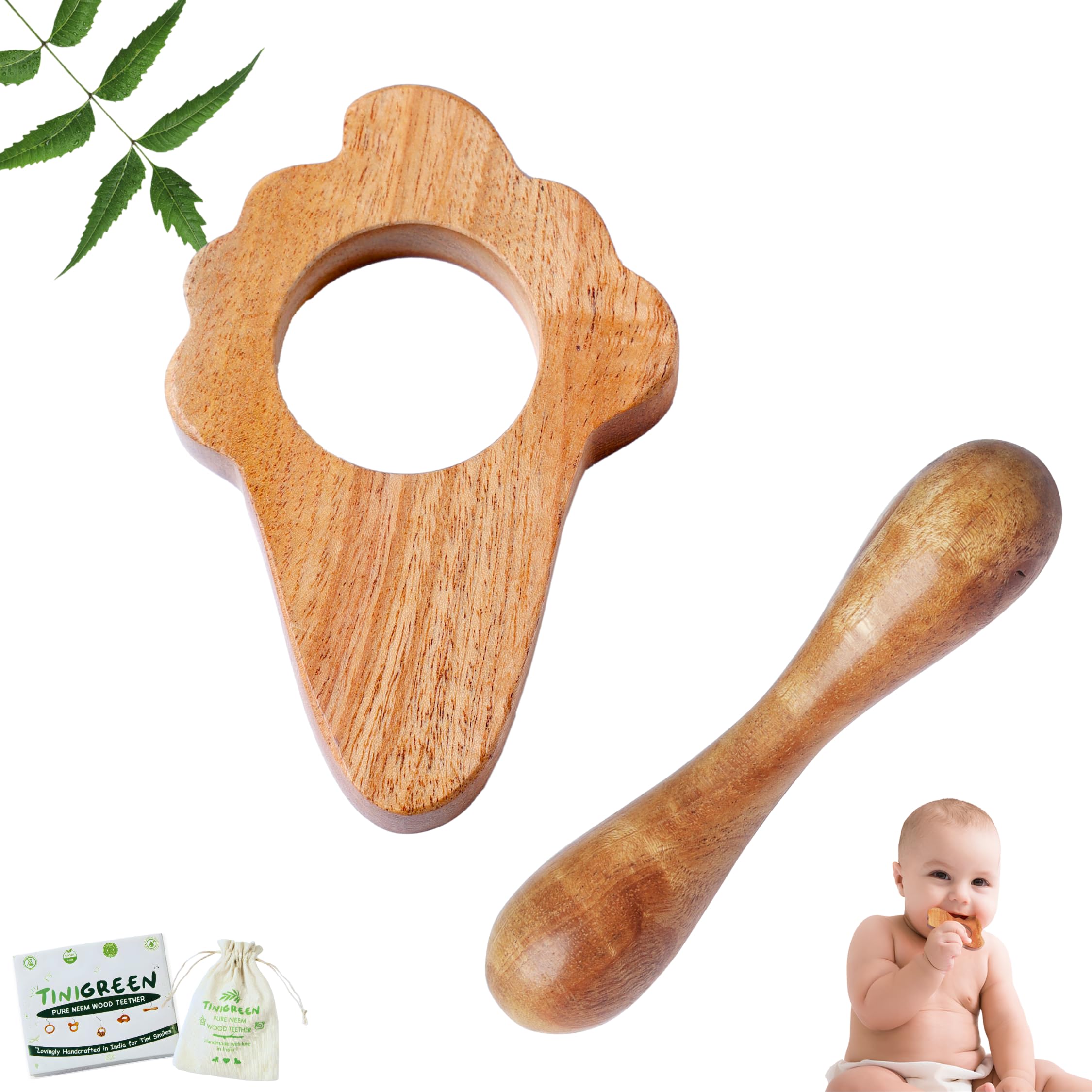 Neem Wooden Baby Teether Ice_Cream & Dumbbell Shape Organic Neem Wood Teething Toy for Infants 3–12 Months Handcrafted Natural Baby Teether (Pack of 2)-image-6