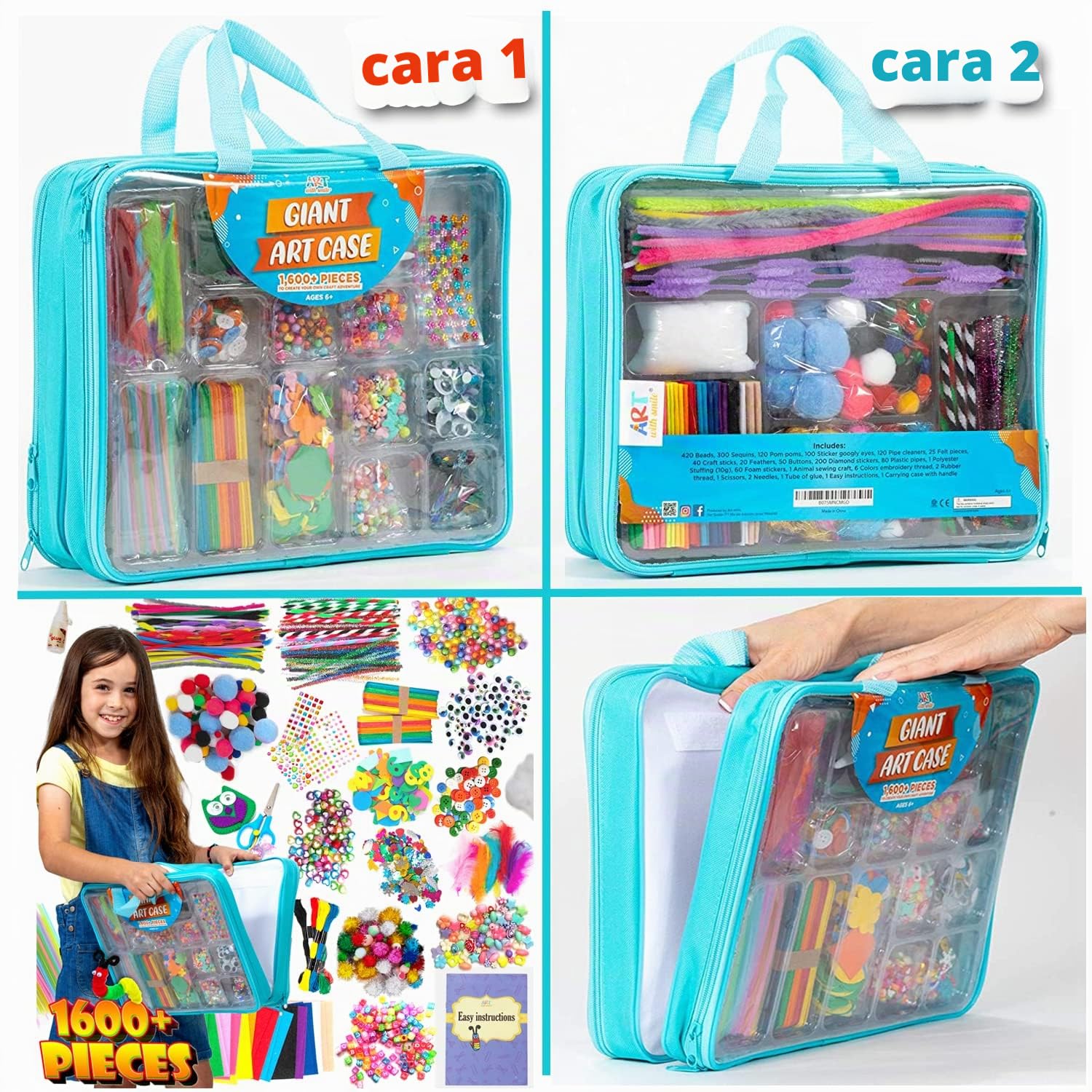 Art with smile Estuche de Arte Gigante de 1.600 Piezas. Suministros de Artesanía para Niños +6 - Estuche de Bricolaje para Artesanías de Pom Pom, Abalorios, Botones, Tijeras, y Limpia Pipas