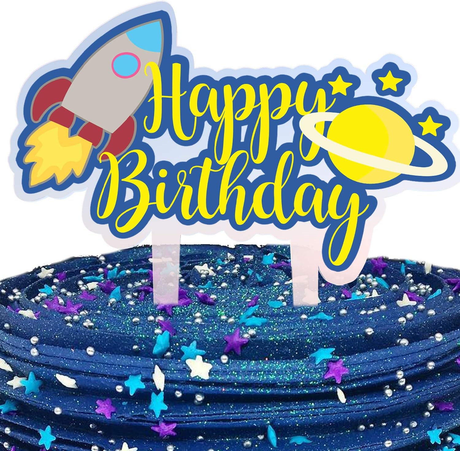 Rocket Cake Topper Acrylic Happy Birthday Space Ship Astronaut Star Theme Decor Picks for Baby Shower Birthday Party Decorations Supplies