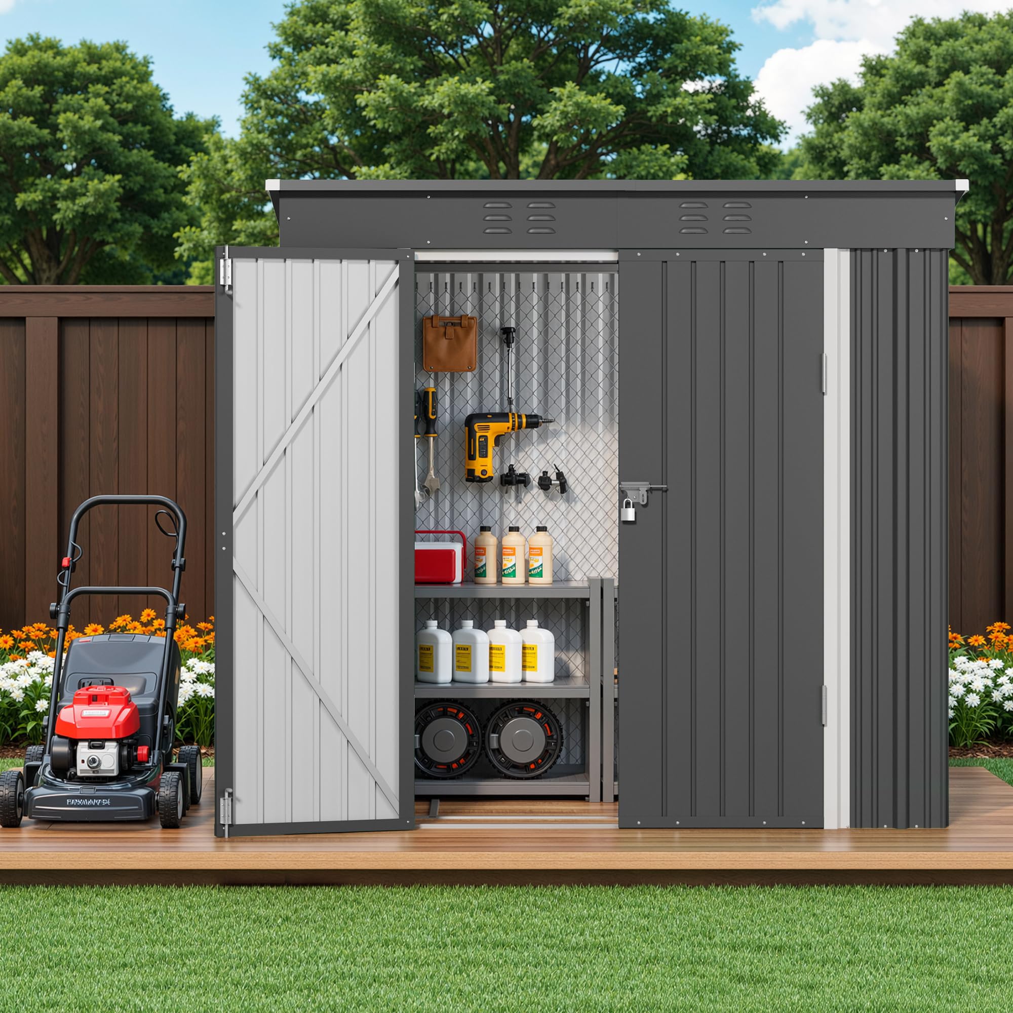 Abri de Jardin Métal 195 x 131 x 181 cm (2,55 m²),Gris | Cabanon de Rangement en Acier Galvanisé avec Fondation et Portes Verrouillables, Jardin Terrasse