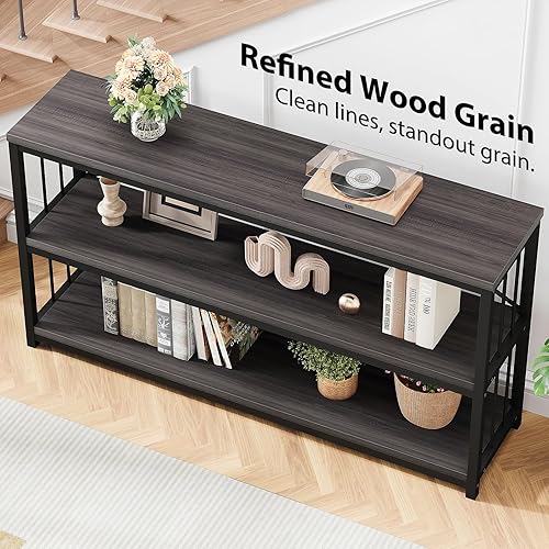 Miniatura 7 de LVB Mesa de consola industrial, mesa de sofá de metal y madera, mesa de entrada rústica con almacenamiento, estante moderno de 3 niveles, mesas