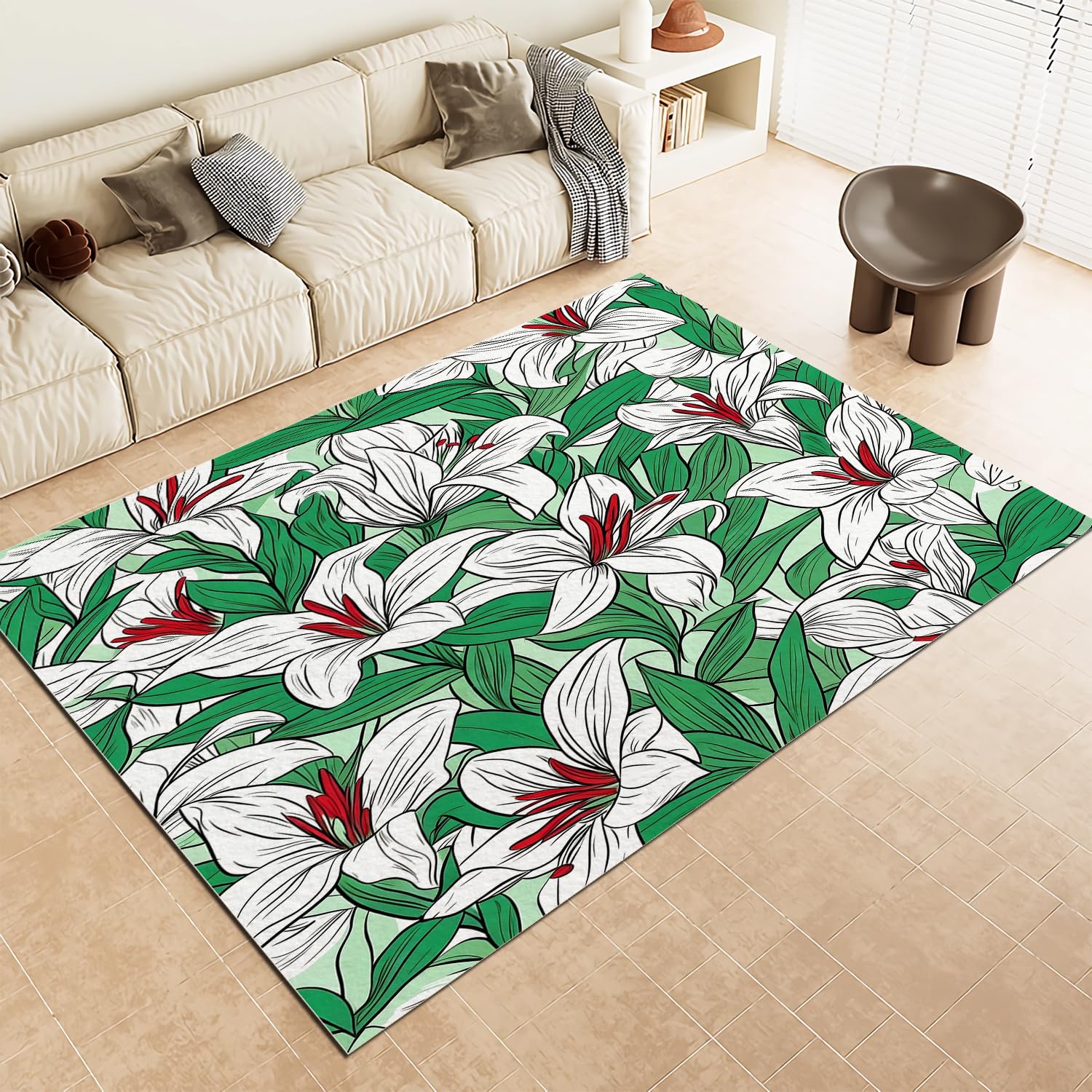 Tapis de salon 60x90cm nature fleurs lavable et antidérapant pour chambre