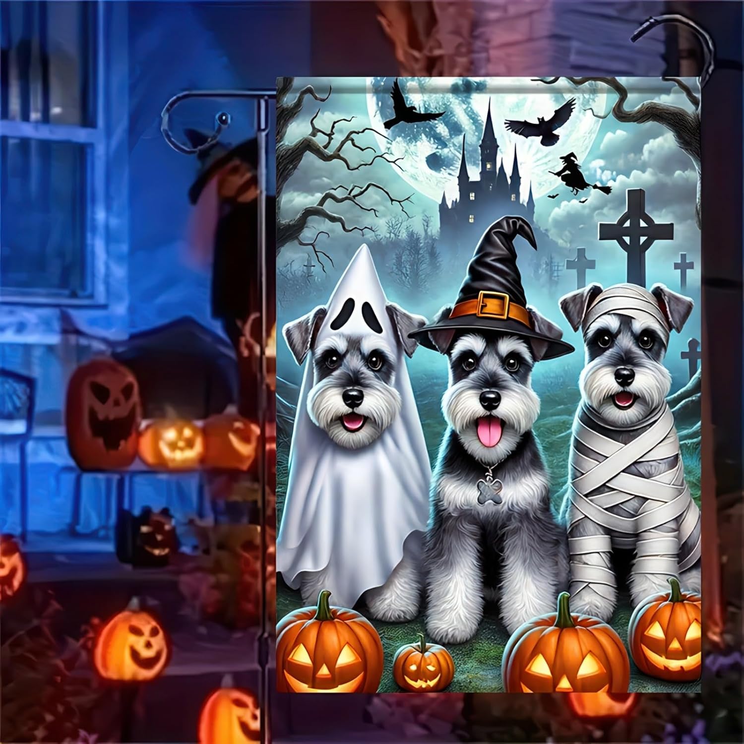 Halloween Garden Flag Double Sided 12x18 Flag Dog Fall Garden Flag Halloween Schnauzer Party Flag With Ghost Dress Up Mummy Dress Up Witch Ghost Black Castle Cross Lawn Outdoor Yard Banner - Image 3