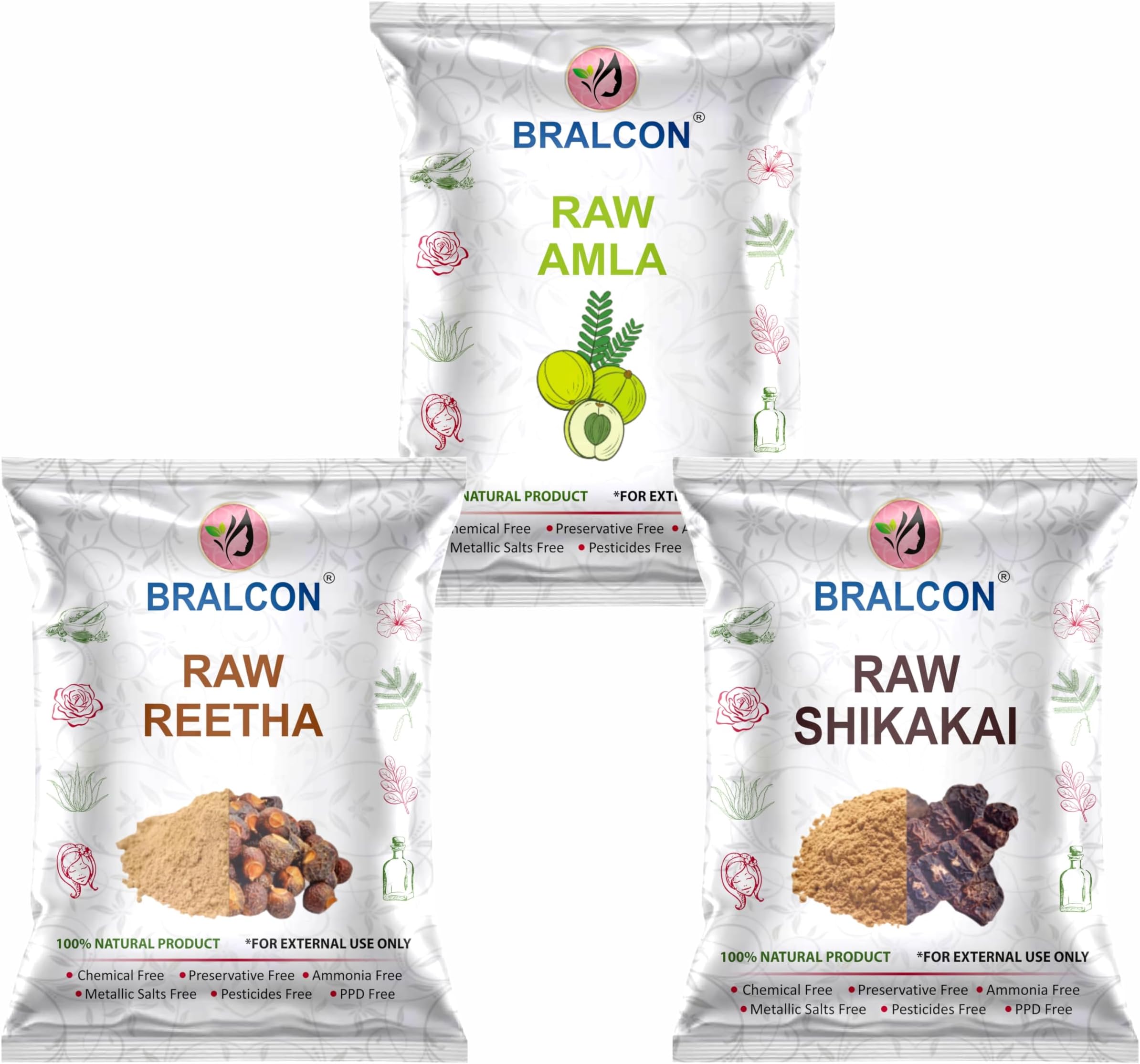 BRALCON Organic Raw Reetha, Amla, Shikakai Combo Pack- 300g(100g x 3 Pack)|100% Natural Whole Dried Soap pod, aritha nut, Sukha Awla for Hair & Skin