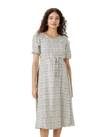 Amazon Brand - Symbol Women Rayon Fit and Flare One Piece Midi Length Dress (with Self Fabric Belt) (Available in Plus Sizes)