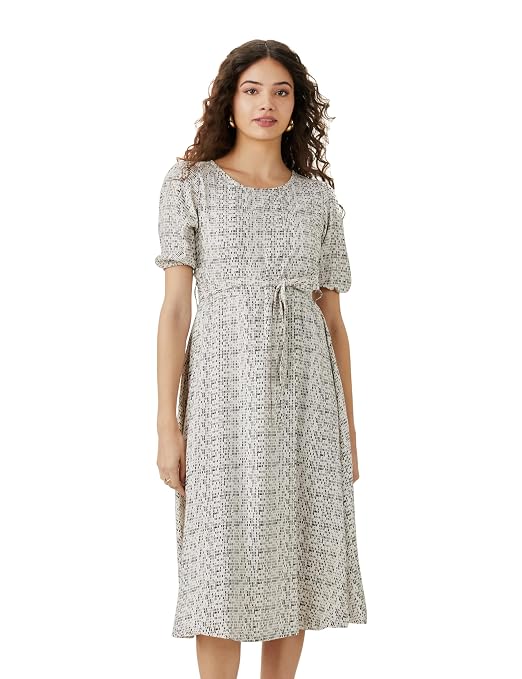 Symbol Women Rayon Fit and Flare One Piece Midi Length Dress (with Self Fabric Belt) (Available in Plus Sizes)