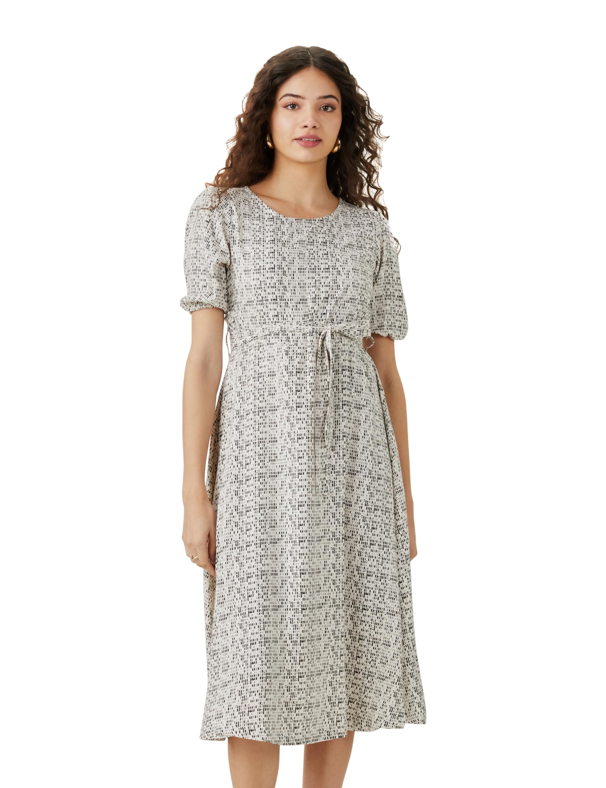 amazon brand - symbol Women Rayon Fit and Flare One Piece Midi Length Dress (with Self Fabric Belt) (Available in Plus Sizes)-picture-47