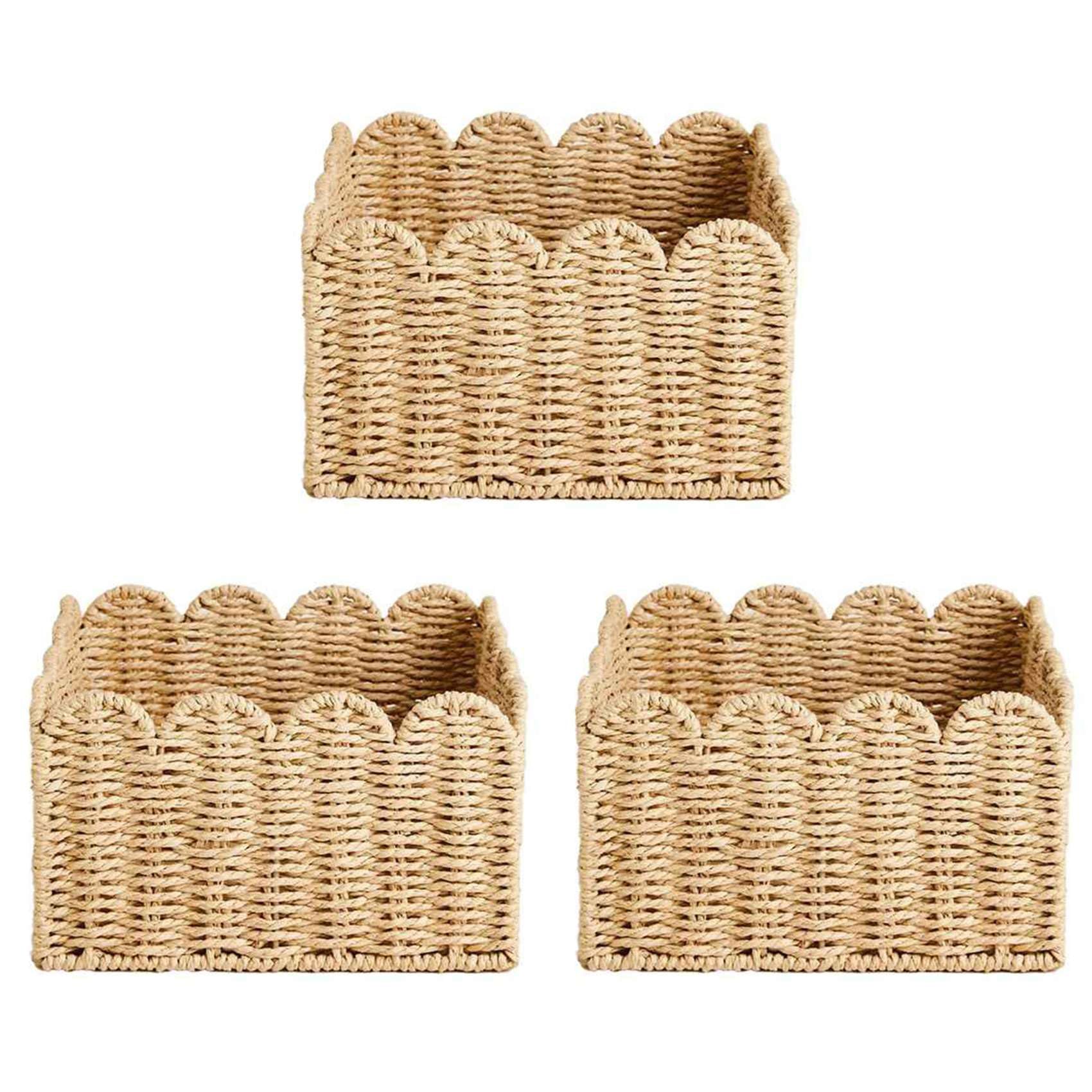 Hndhbfgrt 3X Scalloped Edge Basket, Wicker Storage Baskets,Handwoven Organizing Baskets for Shelves, Paper Rope Design