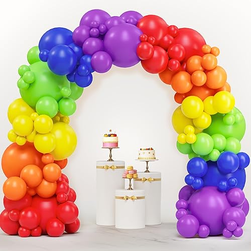 JOYIN Kit de arco de globos de arco iris de 144 piezas, 6 colores surtidos, kit de arco de globos de diferentes tamaños de 18, 12, 10 y 5 pulgadas