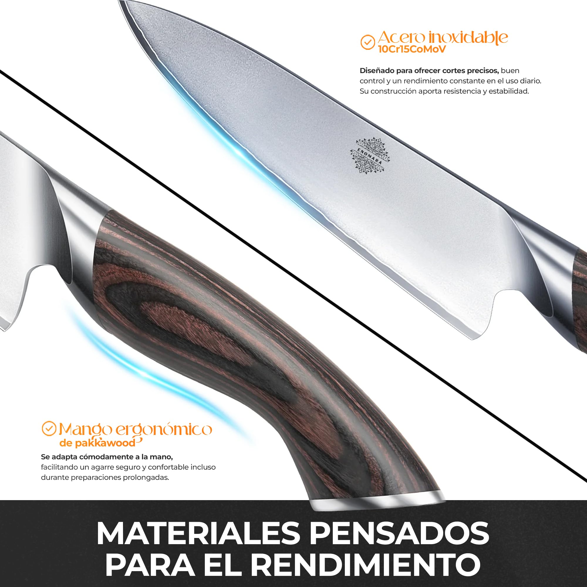 Set de cuchillos de cocina con tabla de acacia – regalo premium original para hombre y mujer – cuchillo chef, santoku y multiusos – acero inoxidable