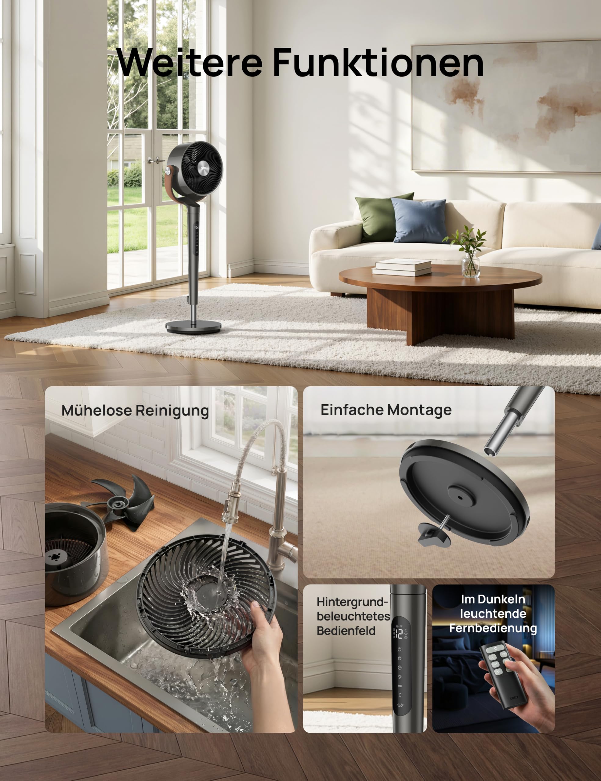 DREO PolyFan 513S 25 dB leiser Smart Standventilator, 110 cm Höhe, 6 Modi 8 Geschwindigkeiten, 120°+105° Oszillation, Fernbedienung Sprachsteuerung