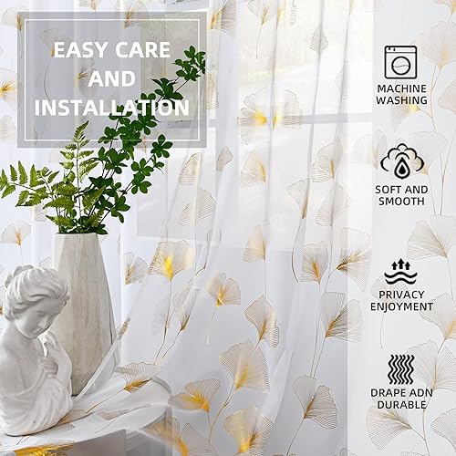 Miniatura 5 de Youleyar Cortinas transparentes de gasa con estampado de lámina dorada, cortinas de ventana con ojales en la parte superior, paneles de tratamiento