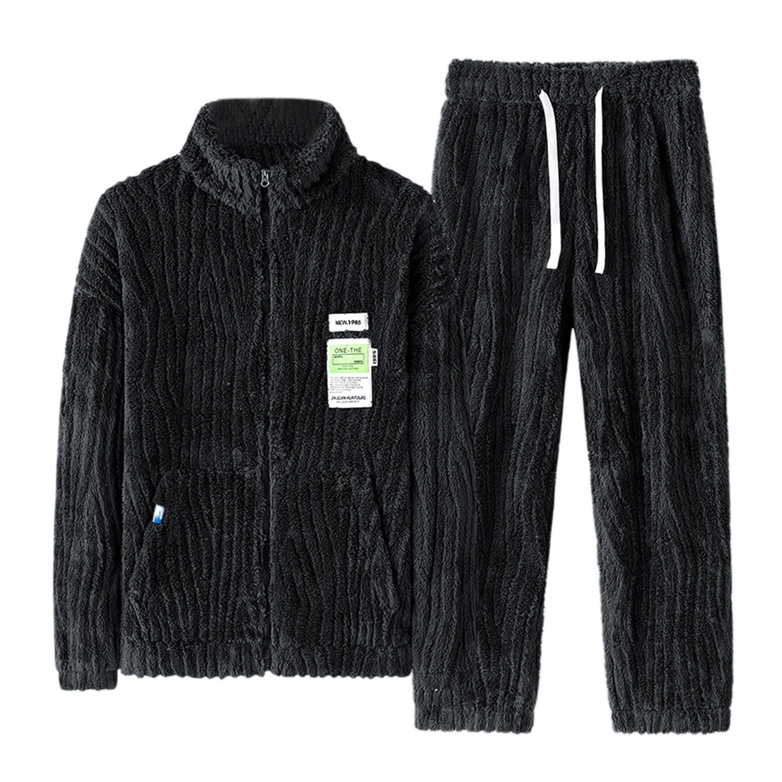 Generisch Pijama largo para hombre, forro polar coral, ropa de salón, franela para invierno, ropa de dormir gruesa, 2 piezas, cuello alto, parte superior con cremallera y pantalón de pijama elástico