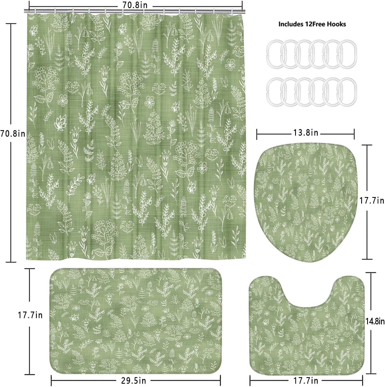Chrainy 4pcs Green Leaves Shower Curtain Set with Rugs Floral Bath Decor