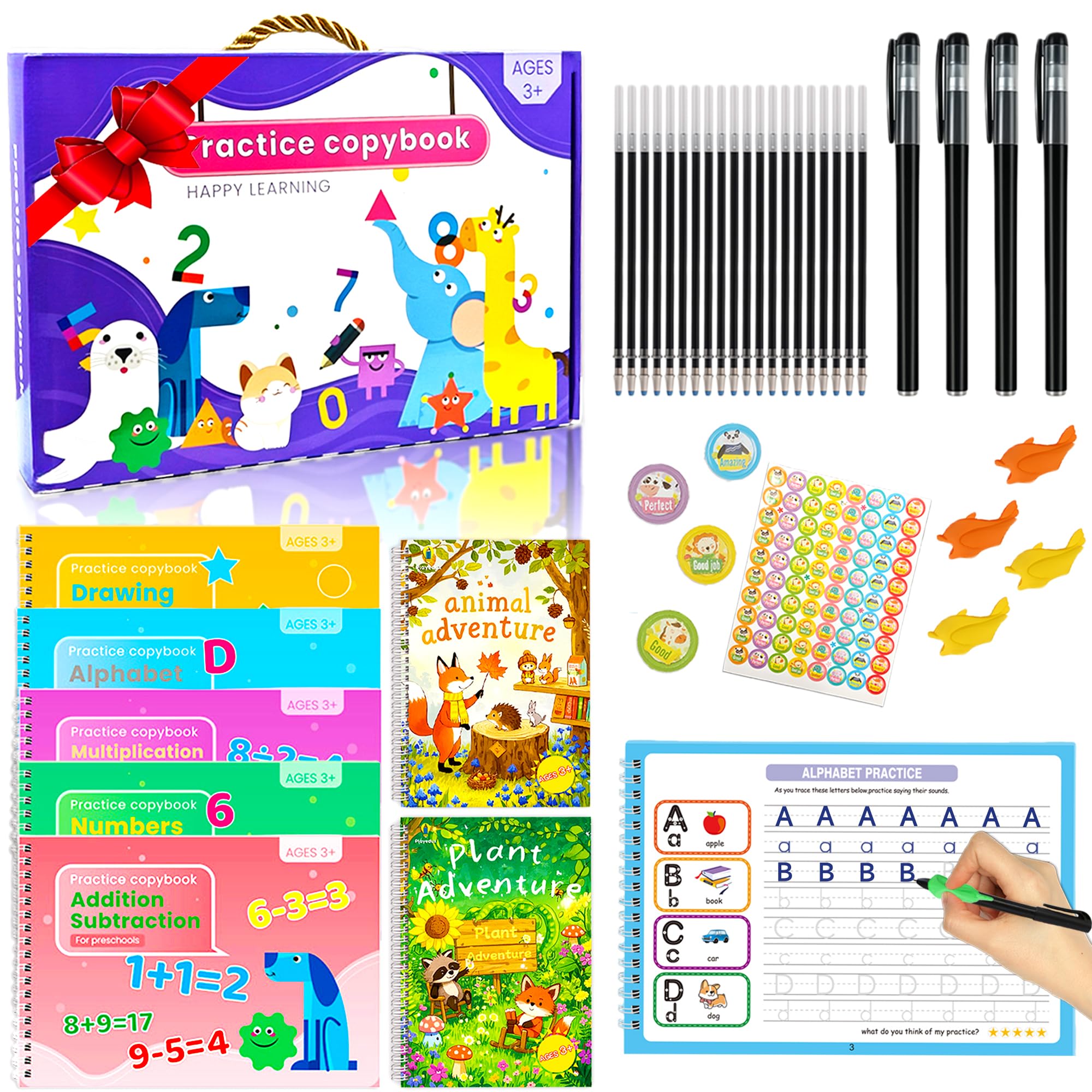 Libros de práctica de escritura con ranuras mágicas para niños, reutilizables con letras y números ranurados, adecuados para edades de 3 a 5 y 6 a 8 años, actividades de aprendizaje para niños