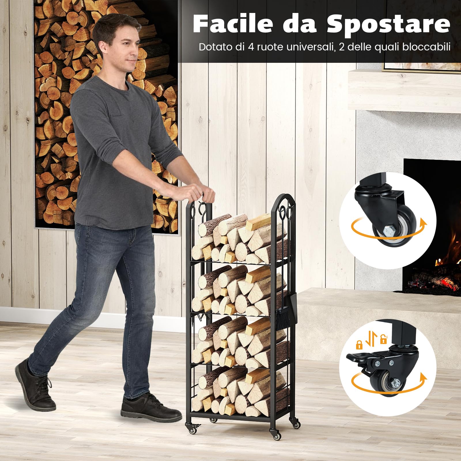 COSTWAY Porta Legna da Ardere a 3/4 Ripiani con Ruote, Portalegna da Interno ed Esterno con Attizzatoio, Paletta, Scopa e Pinza, Legnaia Resistente alla Corrosione e alle Intemperie (47 x 33 x 122 cm)
