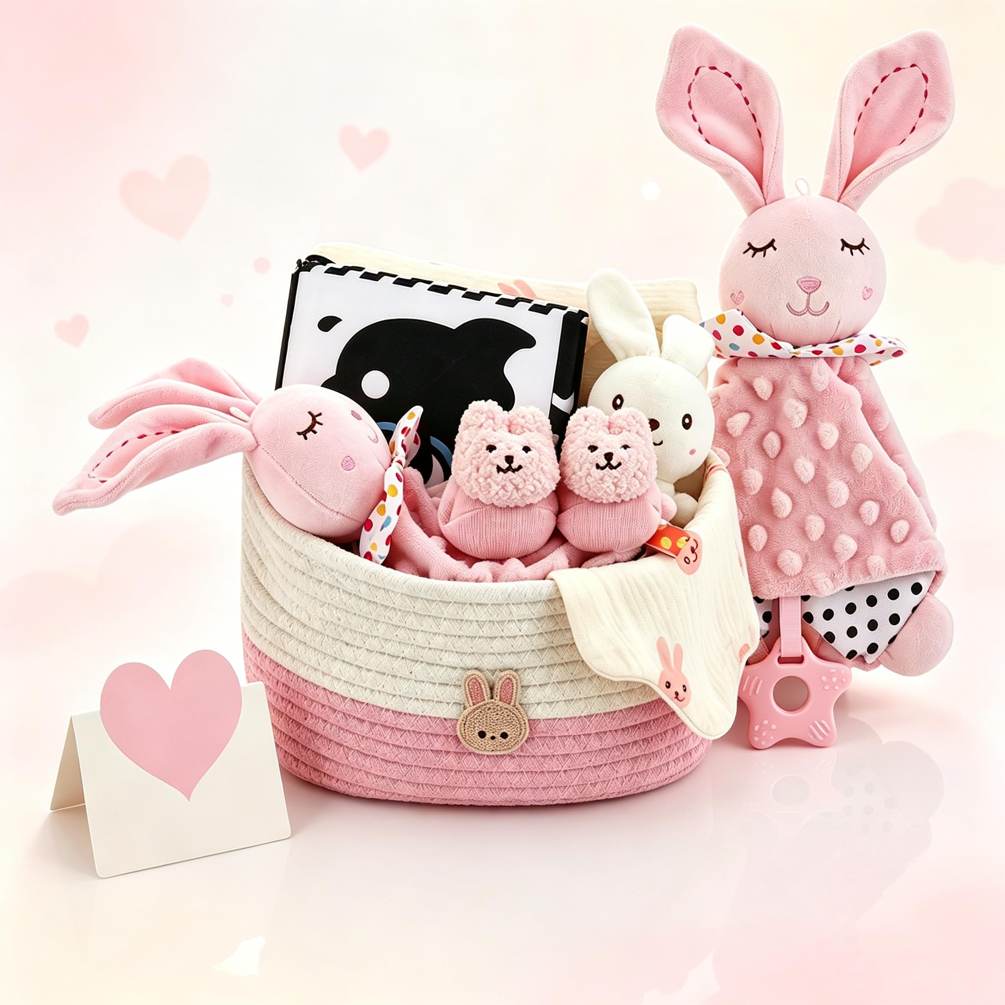 Set de regalo para recién nacidos de 9 piezas con manta para bebé, babero, calcetines, sonajero, tarjetas de hitos y cesta de algodón – Equipo inicial perfecto para nacimiento y baby shower