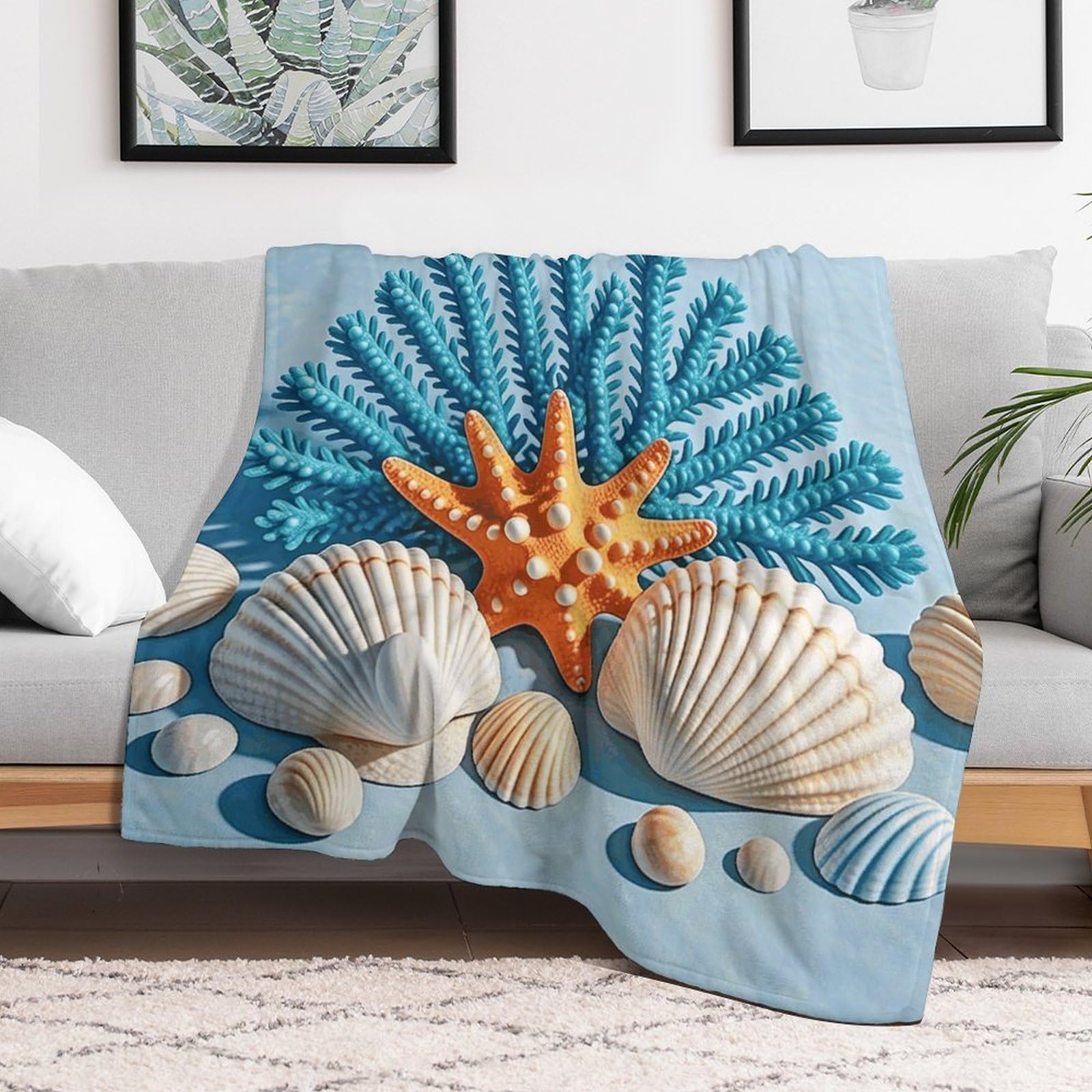 Custom Ocean Seashells Blanket Lightweight Flannel Fleece Throw for Couch Sofa Bed Luxury Soft Cozy Plush Lap Bedtime Blanket for All Seasons Bedroom Home Decor Gifts 50x60