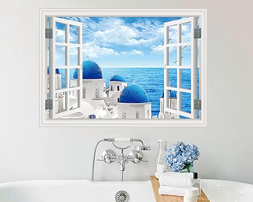Miniatura 5 de FLFK Adhesivo de pared falso para ventana, mural de pared de ventana de mar y castillo para decoración de pared, calcomanías de pared para pegar y